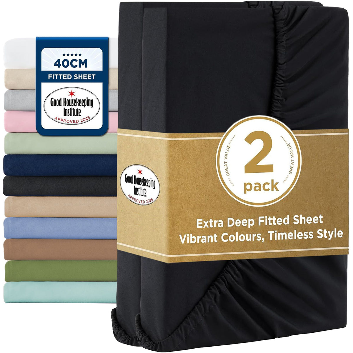 2000TC Hotel Quality Fitted Sheets - 2 Piece Fitted Sheets  -Breathable Bedding - Wrinkle, Fade, Stain Resistant- 16inch/40cm Deep Pocket Fitted Bed Sheets-Wrinkle and Fade Resistant,(Black,Super King)