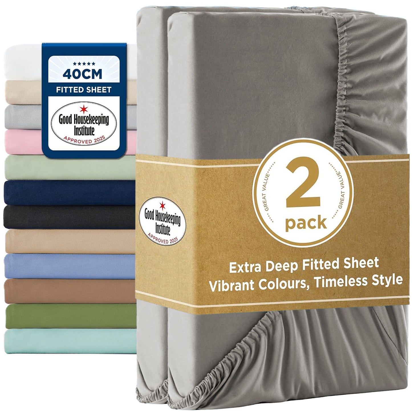 2000TC Hotel Quality Fitted Sheets - 2 Piece Fitted Sheets  -Breathable Bedding - Wrinkle, Fade, Stain Resistant- 16inch/40cm Deep Pocket Fitted Bed Sheets-Wrinkle and Fade Resistant,(Grey,Super King)