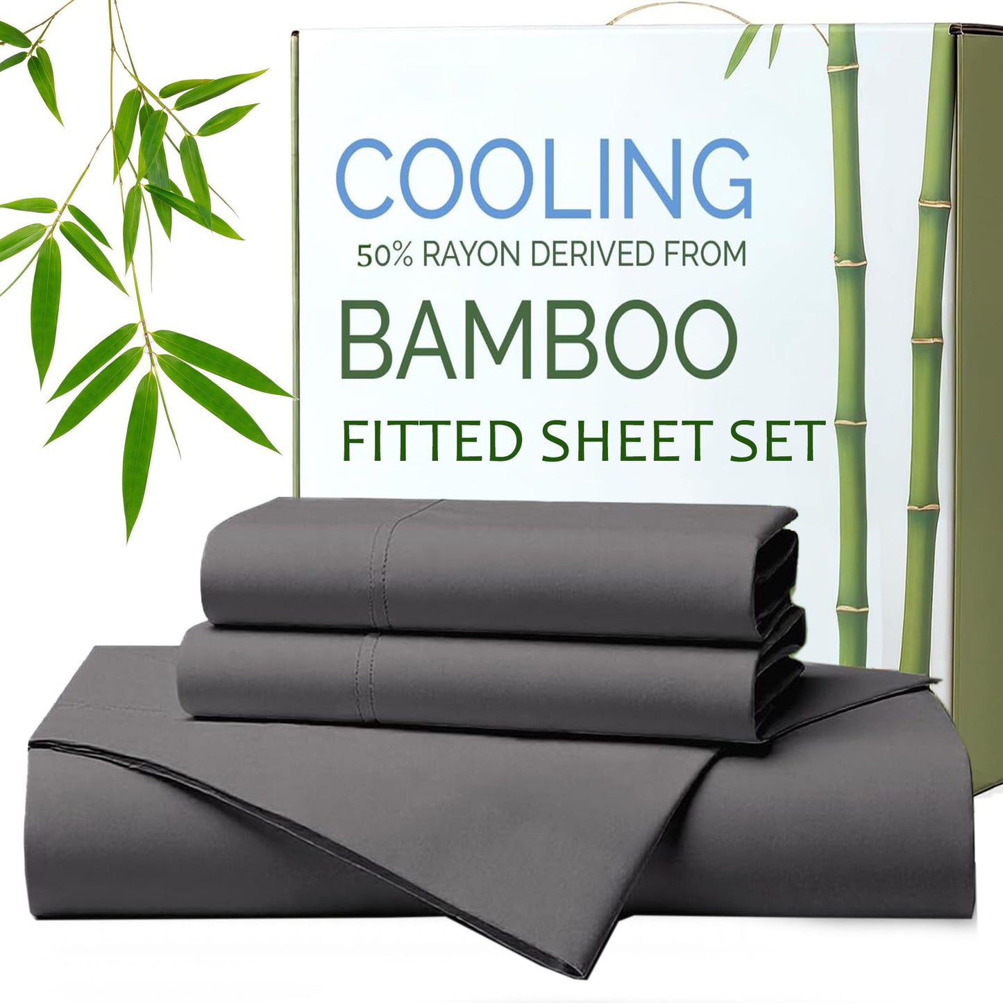 Hotel Breathable Bamboo Fitted Sheet & Pillowcase-3 Piece-Ultra Soft 2000TC Breathable Fitted Bed Sheets Set with 37 Centimetre Deep Pocket-Cooling Sheets for Hot Sleepers(Grey,Double)