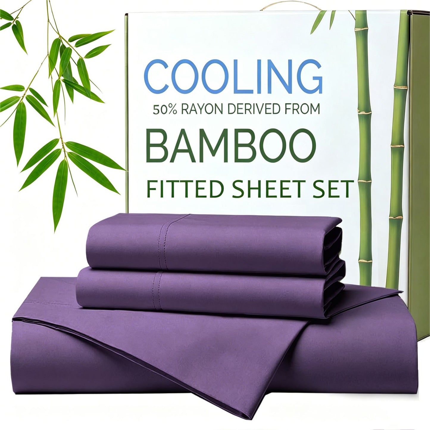 Hotel Breathable Bamboo Fitted Sheet & Pillowcase-3 Piece-Ultra Soft 2000TC Breathable Fitted Bed Sheets Set with 37 Centimetre Deep Pocket-Cooling Sheets for Hot Sleepers(Purple,Double)