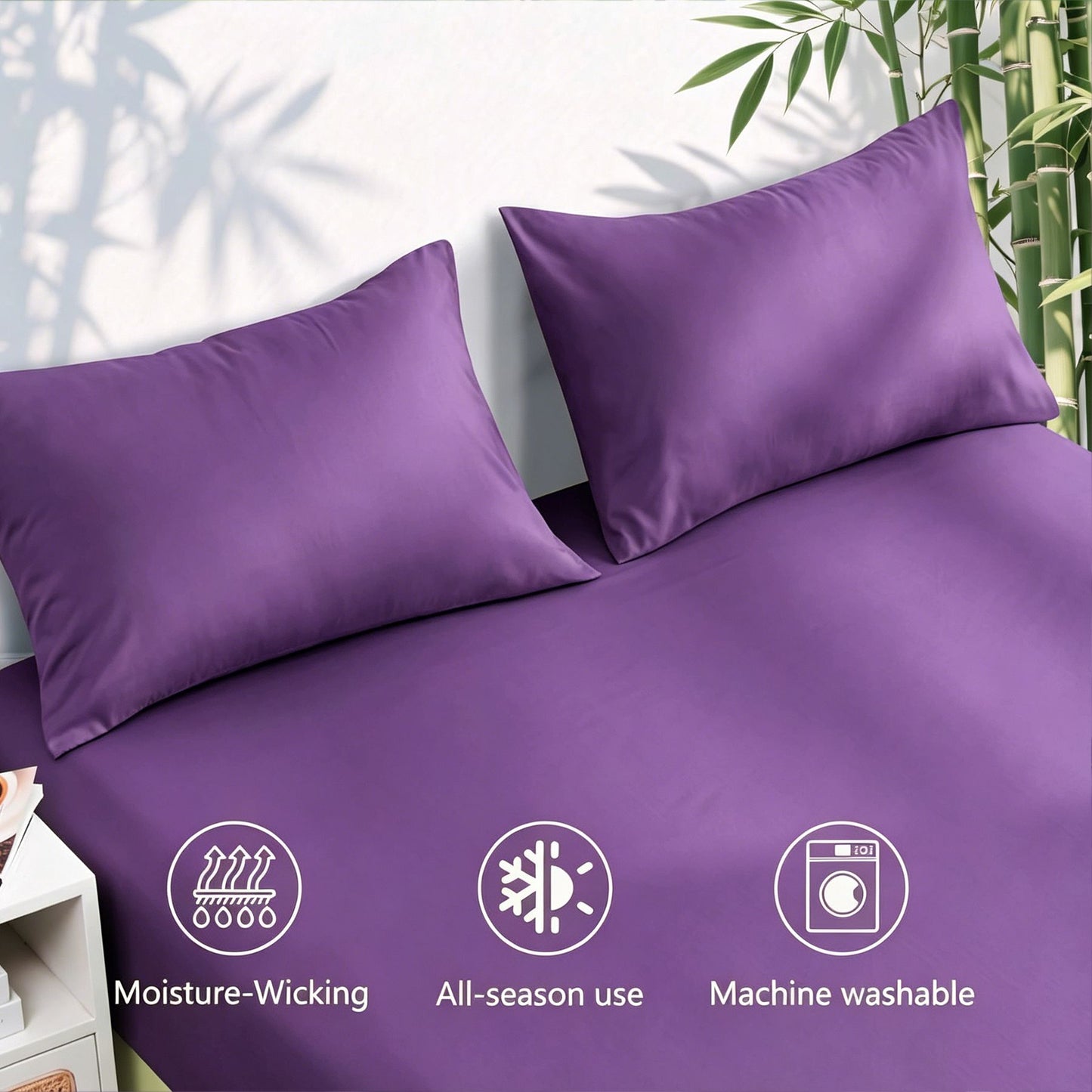 Hotel Breathable Bamboo Fitted Sheet & Pillowcase-3 Piece-Ultra Soft 2000TC Breathable Fitted Bed Sheets Set with 37 Centimetre Deep Pocket-Cooling Sheets for Hot Sleepers(Purple,Double)