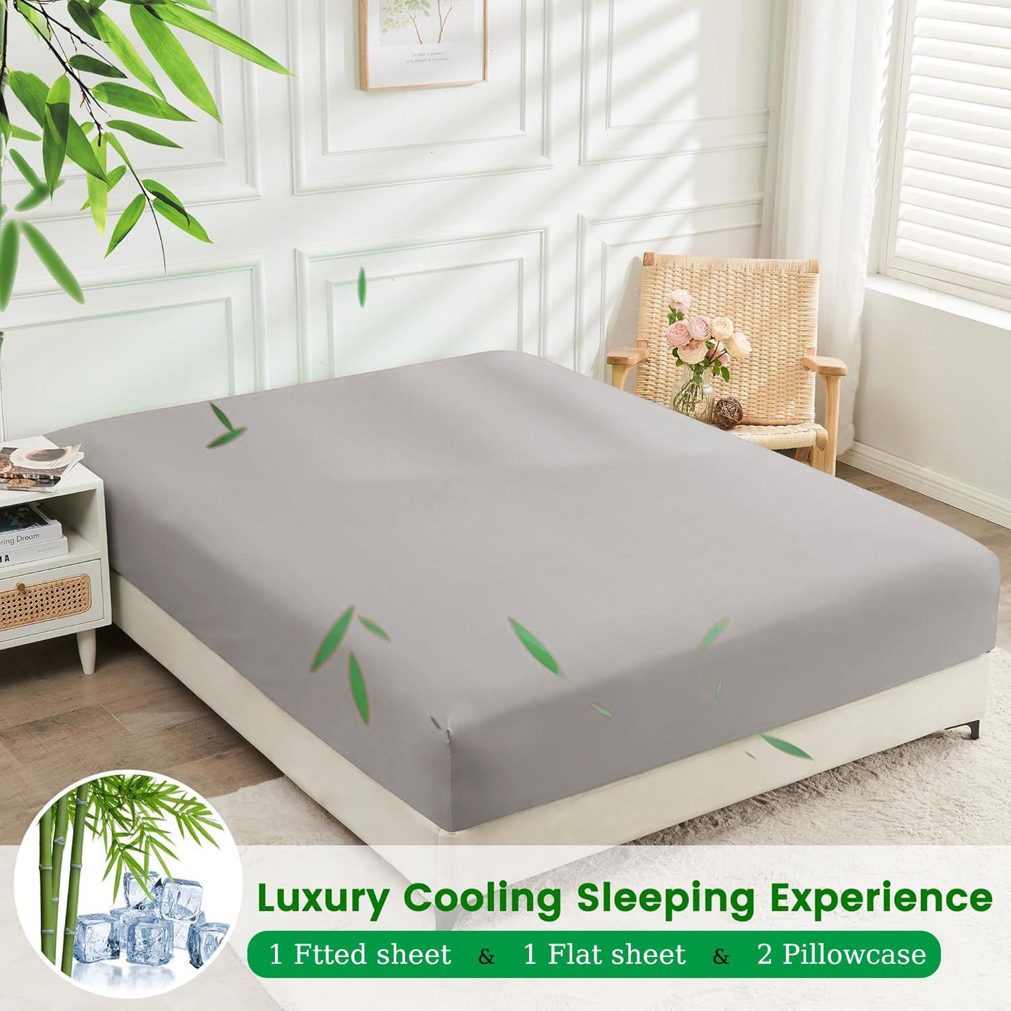 Hotel Breathable Bamboo Fitted Sheet & Pillowcase-3 Piece-Ultra Soft 2000TC Breathable Fitted Bed Sheets Set with 37 Centimetre Deep Pocket-Cooling Sheets for Hot Sleepers(Silver-gray,Double)