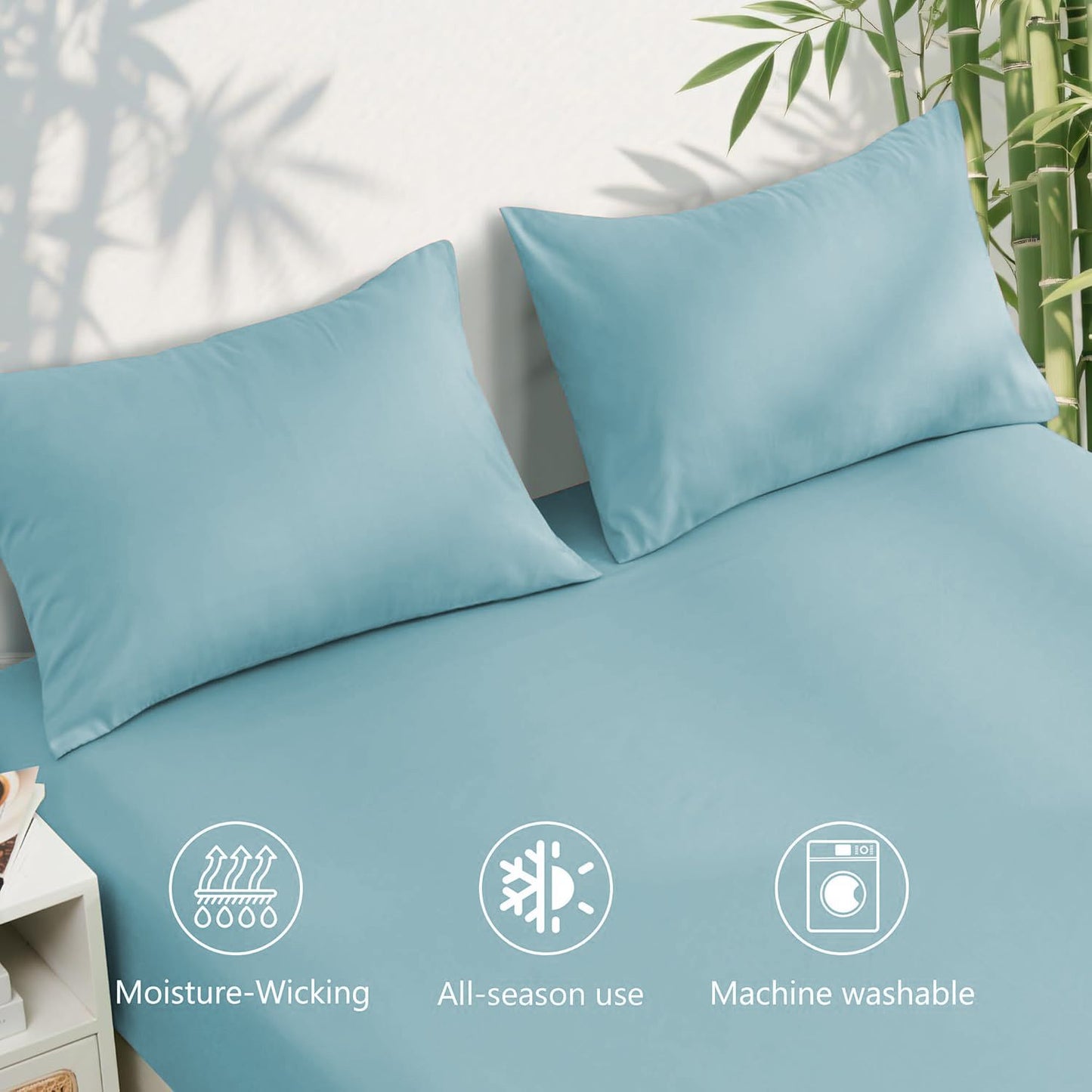 Hotel Breathable Bamboo Fitted Sheet & Pillowcase-3 Piece-Ultra Soft 2000TC Breathable Fitted Bed Sheets Set with 37 Centimetre Deep Pocket-Cooling Sheets for Hot Sleepers(Sky Blue,Double)
