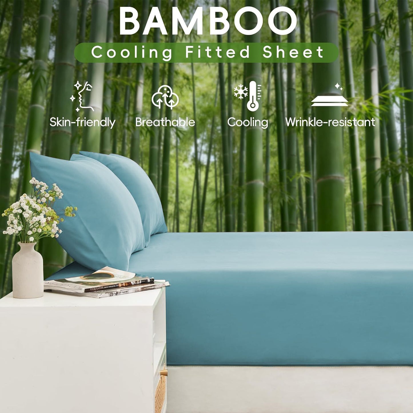 Hotel Breathable Bamboo Fitted Sheet & Pillowcase-3 Piece-Ultra Soft 2000TC Breathable Fitted Bed Sheets Set with 37 Centimetre Deep Pocket-Cooling Sheets for Hot Sleepers(Sky Blue,Double)