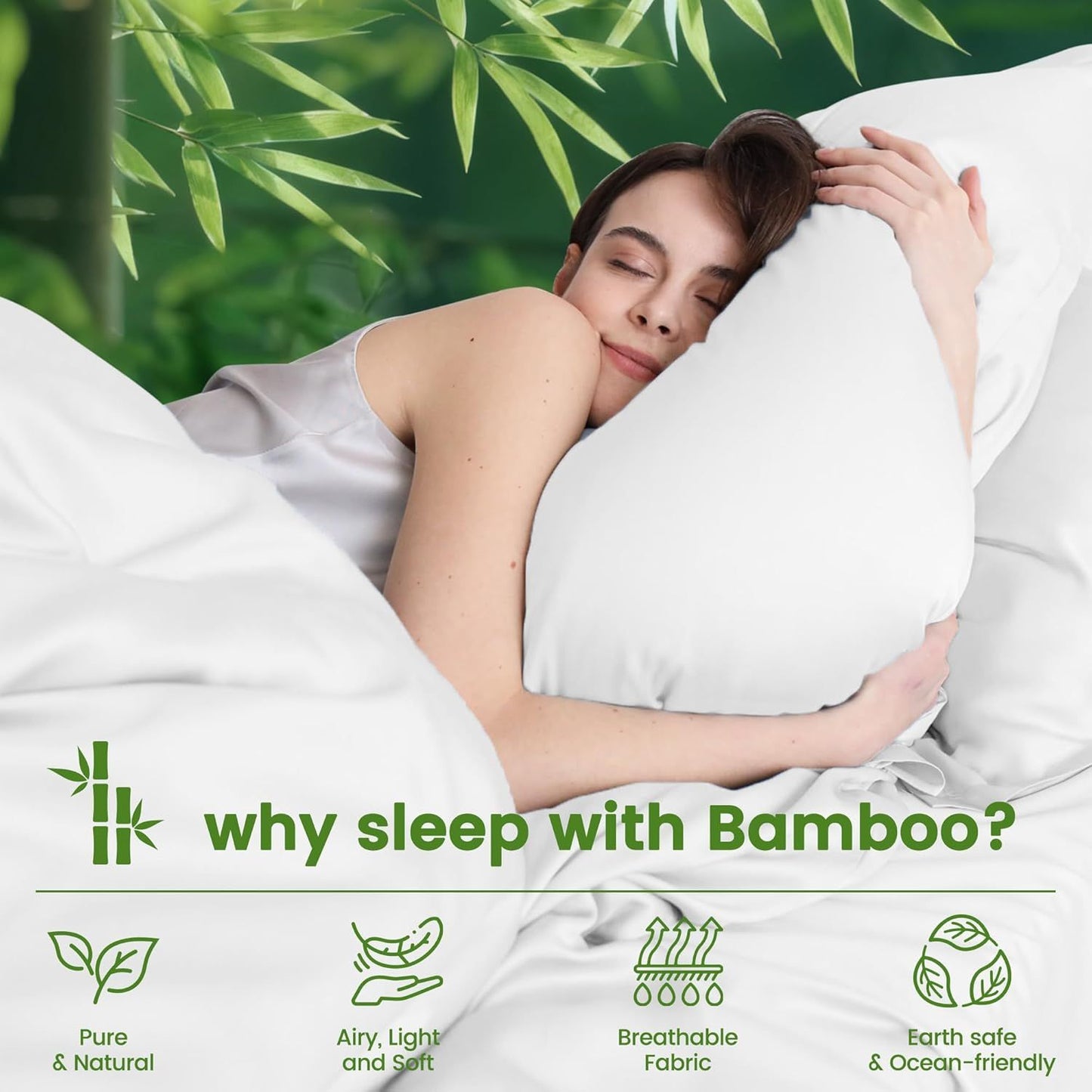 Hotel Breathable Bamboo Fitted Sheet & Pillowcase-3 Piece-Ultra Soft 2000TC Breathable Fitted Bed Sheets Set with 37 Centimetre Deep Pocket-Cooling Sheets for Hot Sleepers(White,Double)
