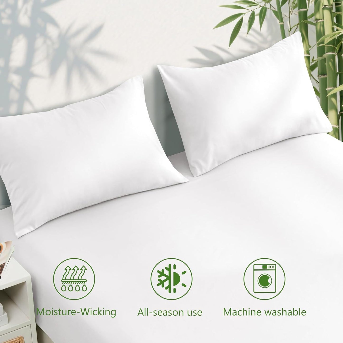 Hotel Breathable Bamboo Fitted Sheet & Pillowcase-3 Piece-Ultra Soft 2000TC Breathable Fitted Bed Sheets Set with 37 Centimetre Deep Pocket-Cooling Sheets for Hot Sleepers(White,Double)