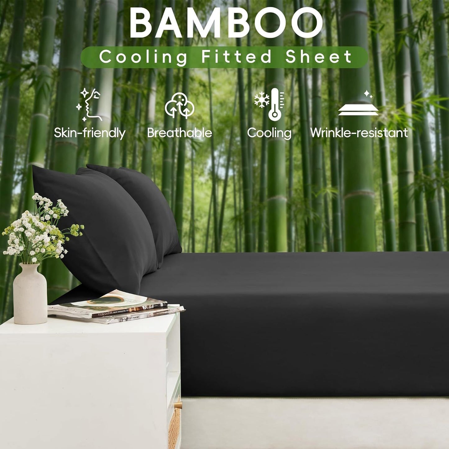 4 Piece Ultra Soft Bamboo Breathable Sheet Set -Hotel 2000TC Breathable Bed Sheets Set with 37 Centimetre Deep Pocket-Breathable Sheets for Hot Sleepers(Black,Double)