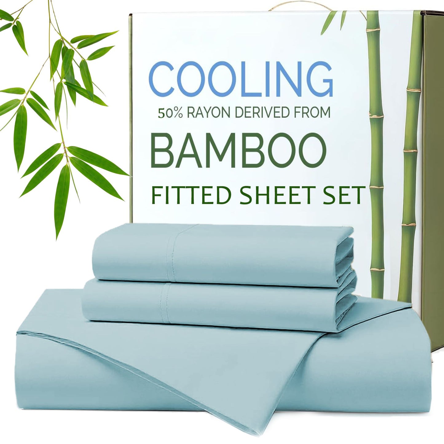 Hotel Breathable Bamboo Fitted Sheet & Pillowcase-3 Piece-Ultra Soft 2000TC Breathable Fitted Bed Sheets Set with 37 Centimetre Deep Pocket-Cooling Sheets for Hot Sleepers(Sky Blue,King)