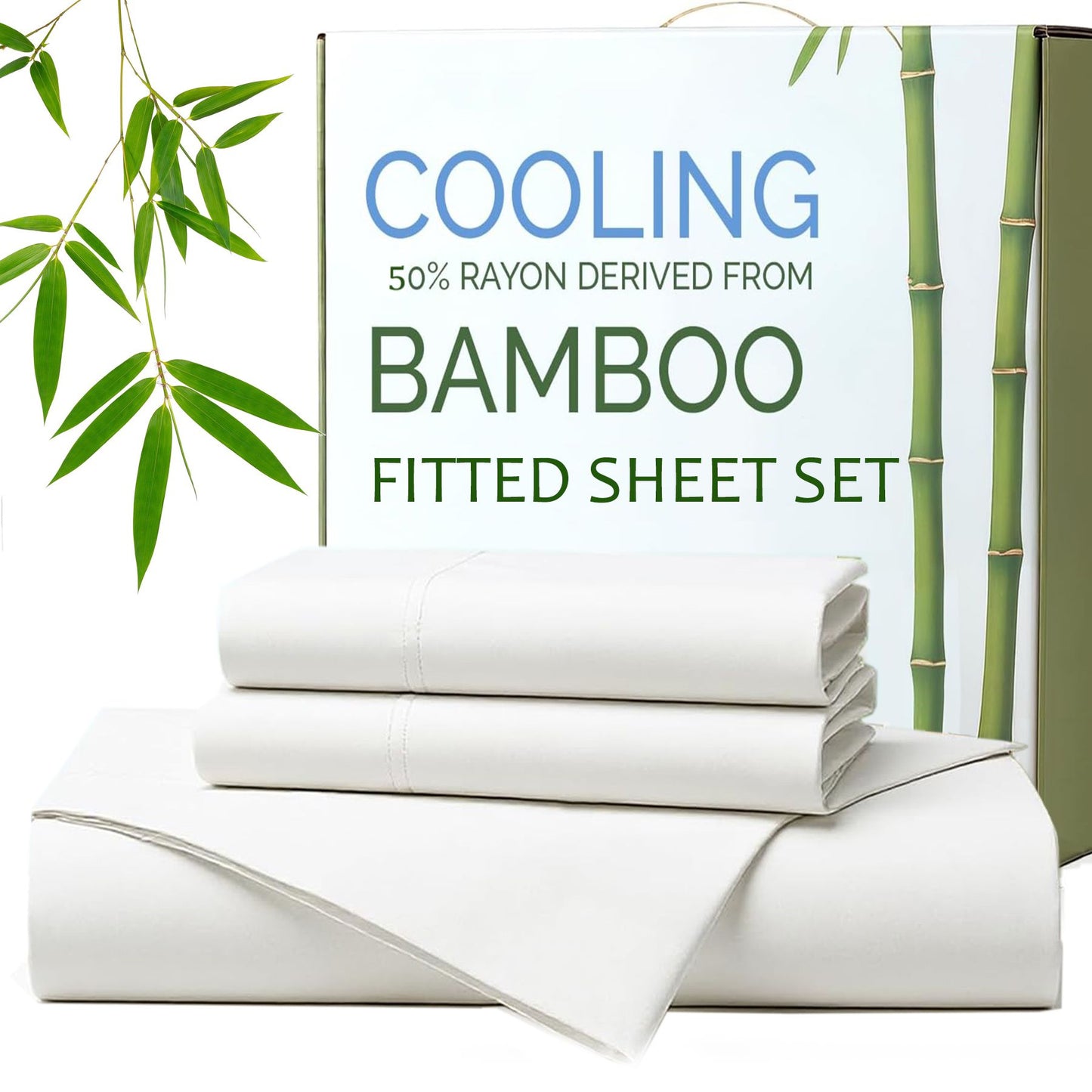 Hotel Breathable Bamboo Fitted Sheet & Pillowcase-3 Piece - Ultra Soft 2000TC Breathable Fitted Bed Sheets Set with 37 Centimetre Deep Pocket-Cooling Sheets for Hot Sleepers(White,King)