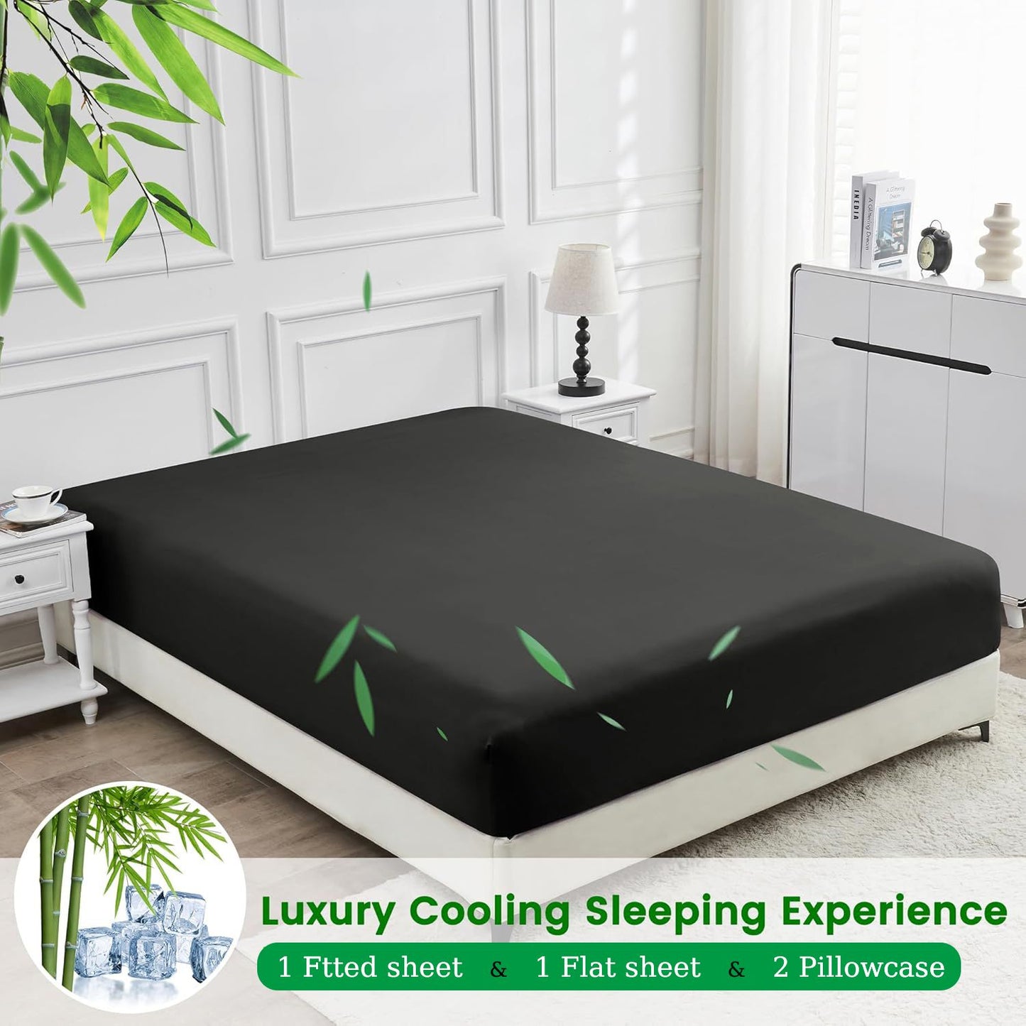 4 Piece Ultra Soft Bamboo Breathable Sheet Set -Hotel 2000TC Breathable Bed Sheets Set with 37 Centimetre Deep Pocket-Breathable Sheets for Hot Sleepers(Black,King)