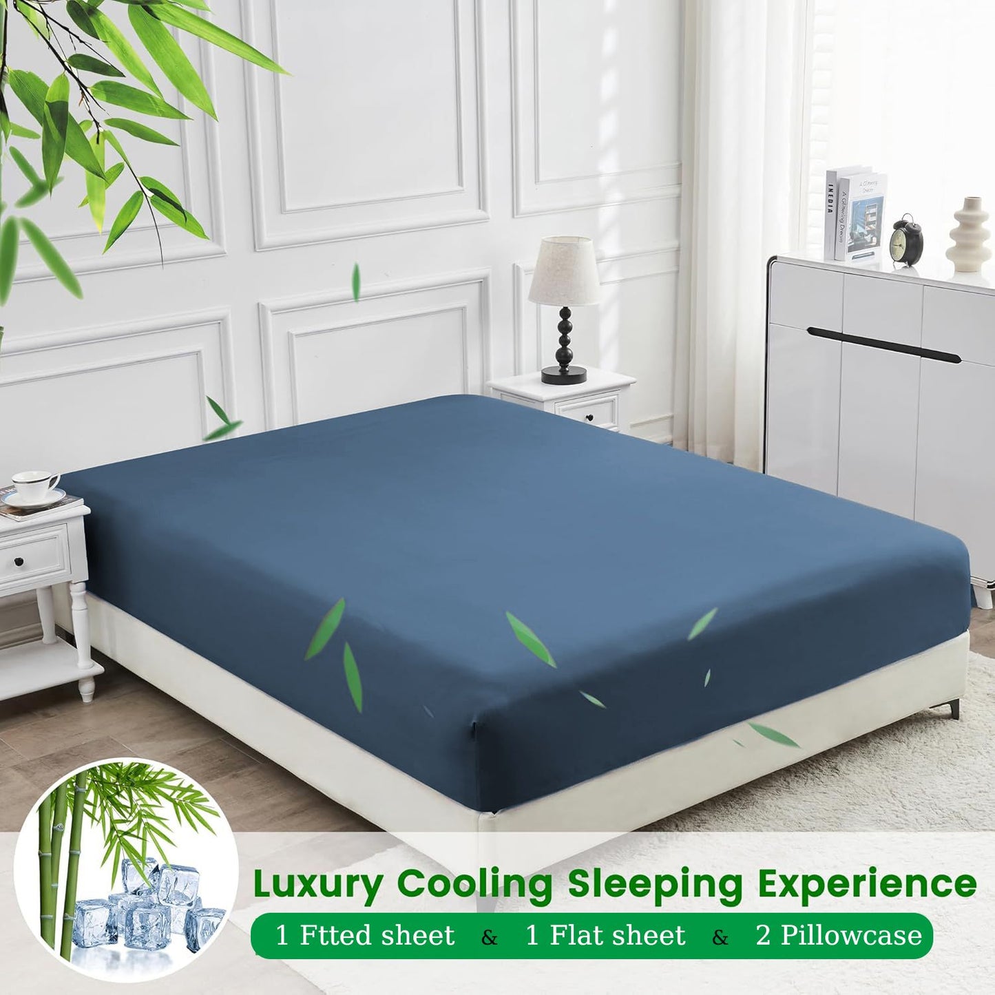 3 Piece Ultra Soft Bamboo Breathable Sheet Set -Hotel 2000TC Breathable Bed Sheets Set with 37 Centimetre Deep Pocket-Breathable Sheets for Hot Sleepers(Navy,King Single)