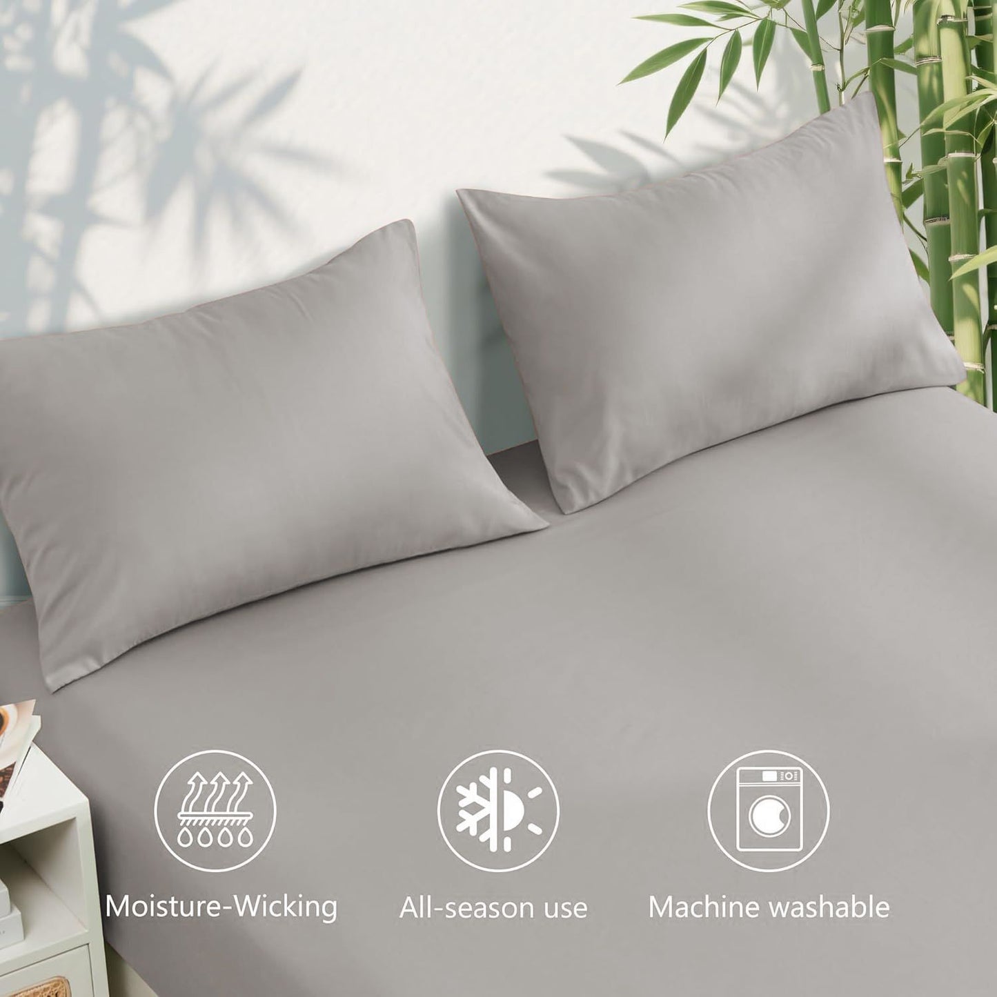 Hotel Breathable Bamboo Fitted Sheet & Pillowcase-3 Piece-Ultra Soft 2000TC Breathable Fitted Bed Sheets Set with 37 Centimetre Deep Pocket-Cooling Sheets for Hot Sleepers(Silver-gray,Queen)