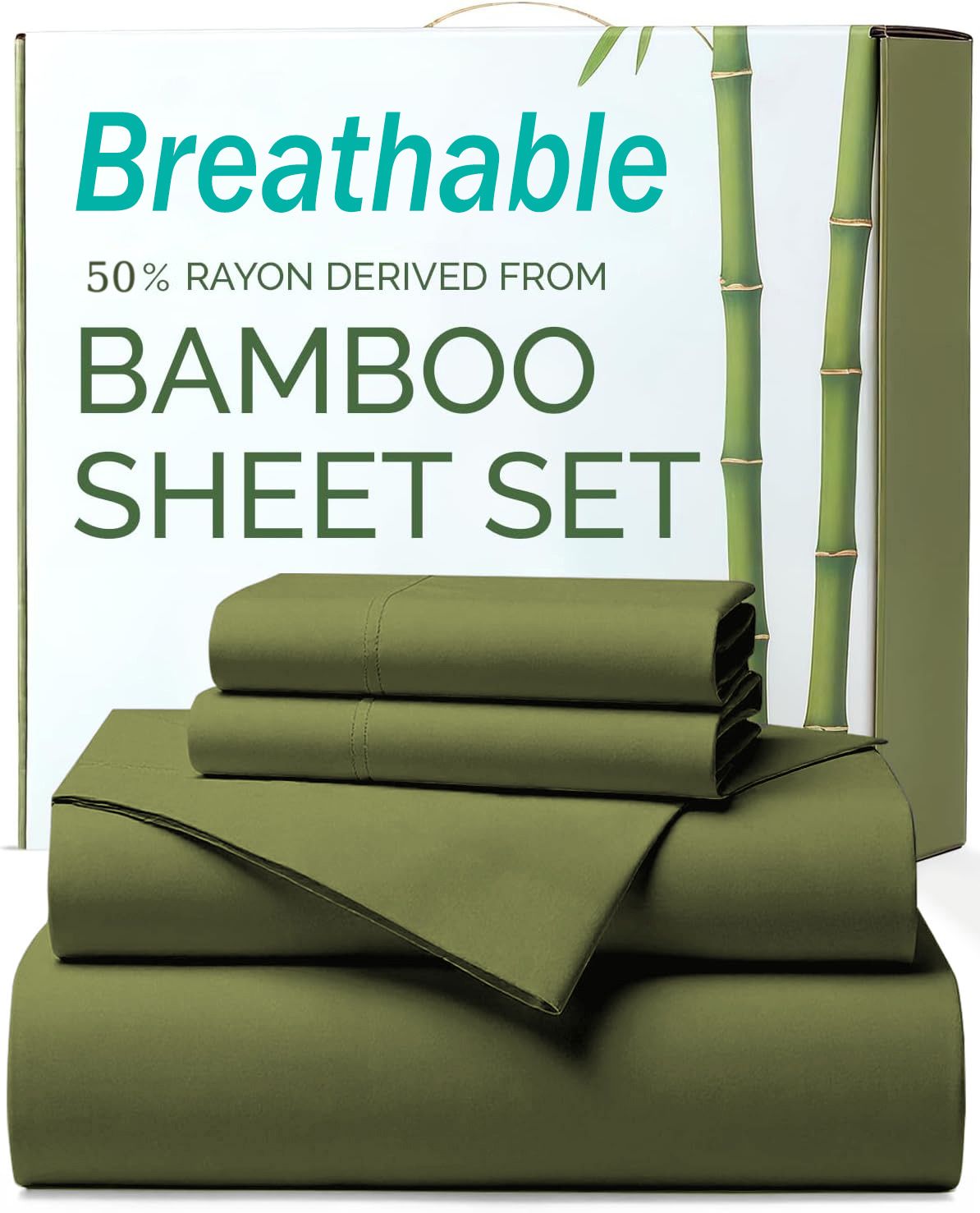 4 Piece Ultra Soft Bamboo Breathable Sheet Set -Hotel 2000TC Breathable Bed Sheets Set with 37 Centimetre Deep Pocket-Breathable Sheets for Hot Sleepers(Olive green,Queen)