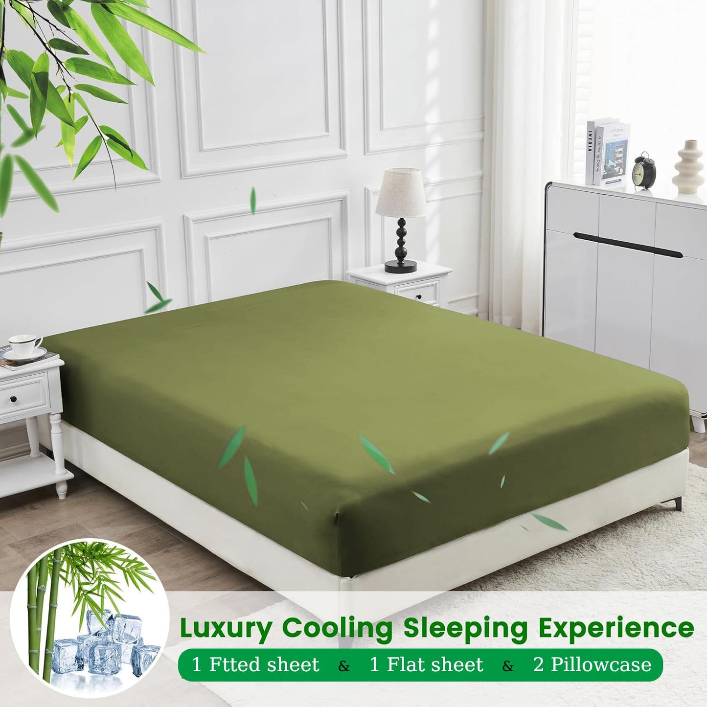 4 Piece Ultra Soft Bamboo Breathable Sheet Set -Hotel 2000TC Breathable Bed Sheets Set with 37 Centimetre Deep Pocket-Breathable Sheets for Hot Sleepers(Olive green,Queen)