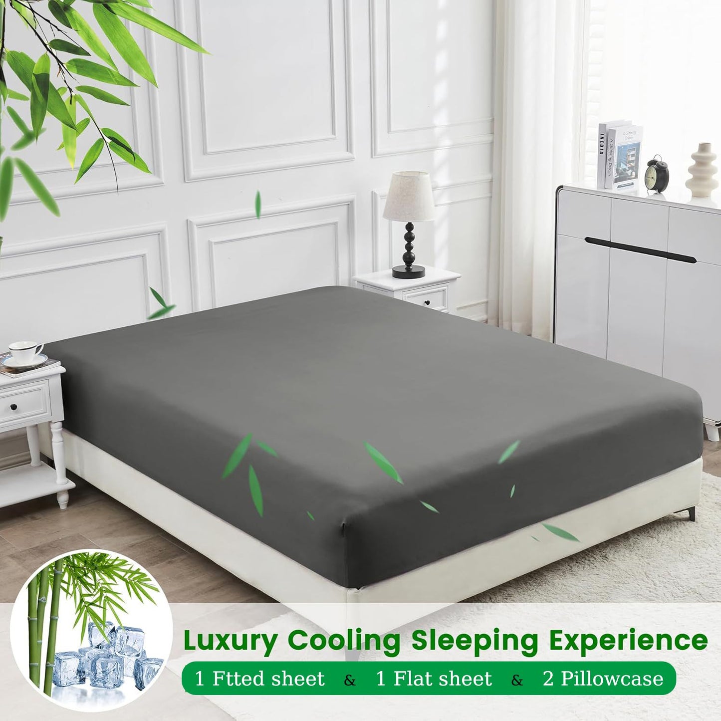3 Piece Ultra Soft Bamboo Breathable Sheet Set -Hotel 2000TC Breathable Bed Sheets Set with 37 Centimetre Deep Pocket-Breathable Sheets for Hot Sleepers(Grey,Single)