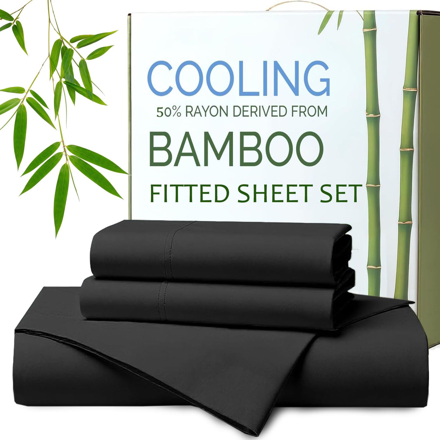 Hotel Breathable Bamboo Fitted Sheet & Pillowcase-3 Piece-Ultra Soft 2000TC Breathable Fitted Bed Sheets Set with 40 Centimetre Deep Pocket-Cooling Sheets for Hot Sleepers(Black,Super King)