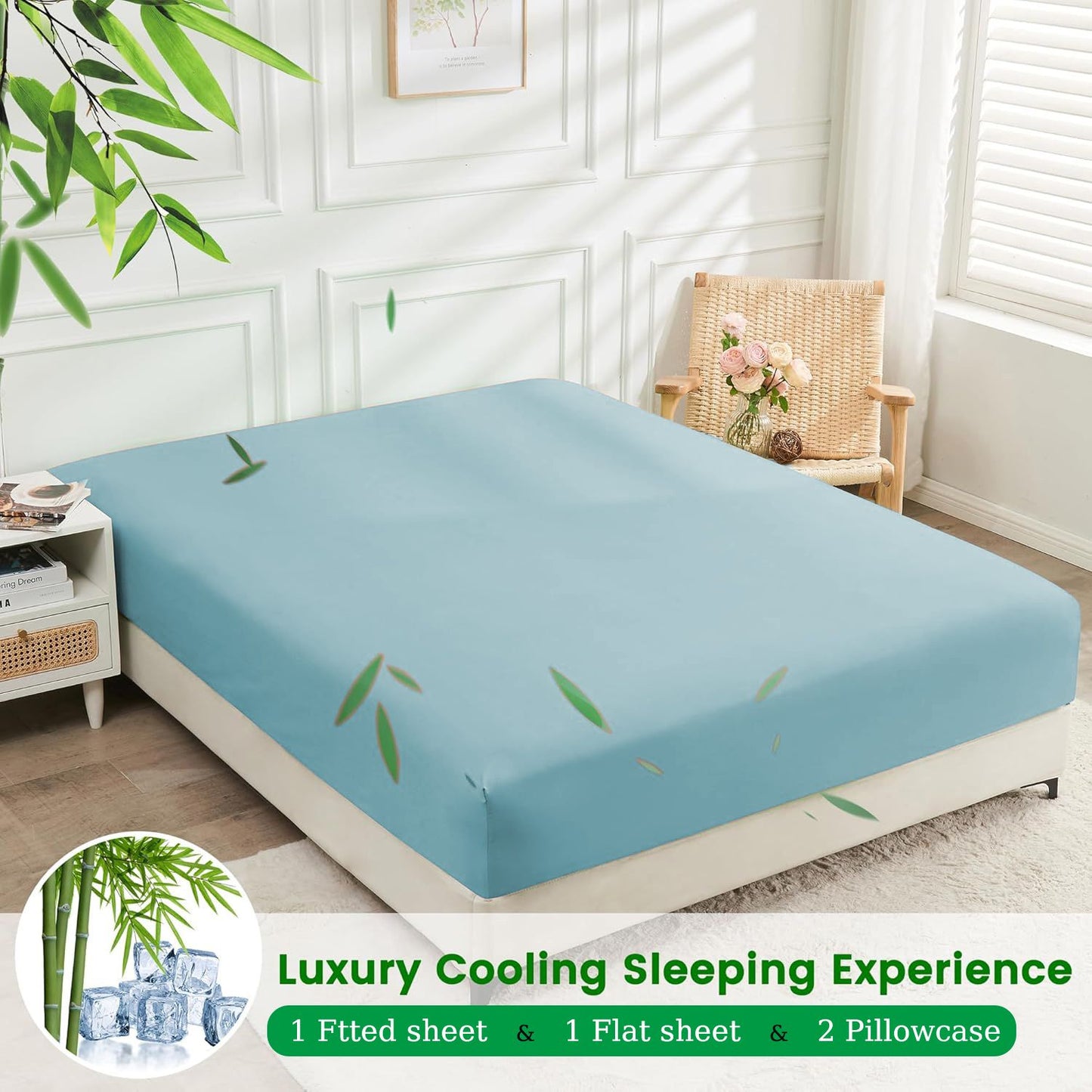 Hotel Breathable Bamboo Fitted Sheet & Pillowcase-3 Piece-Ultra Soft 2000TC Breathable Fitted Bed Sheets Set with 40 Centimetre Deep Pocket-Cooling Sheets for Hot Sleepers(Sky Blue,Super King)