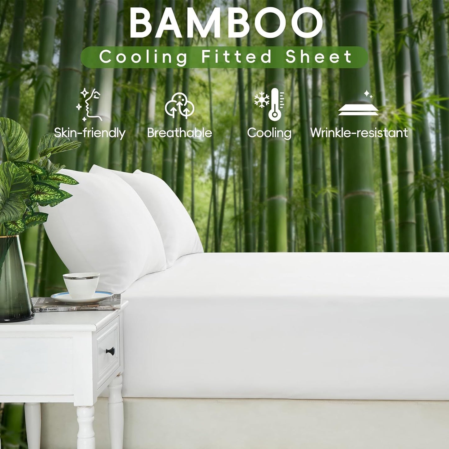 Hotel Breathable Bamboo Fitted Sheet & Pillowcase-3 Piece-Ultra Soft 2000TC Breathable Fitted Bed Sheets Set with 40 Centimetre Deep Pocket-Cooling Sheets for Hot Sleepers(White,Super King)