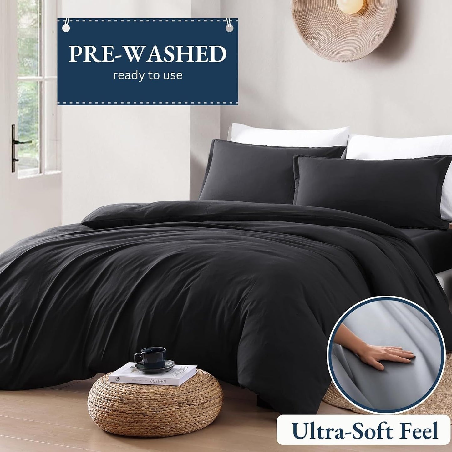 Hotel Soft Microfiber Duvet Cover Set-2000TC Quilt Cover Set & Pillowcases -1 Donna Cover Zipper Closure & 1 x Pillowcases-Breathable Bedding - Wrinkle, Fade, Stain Resistant(Black,King Single)