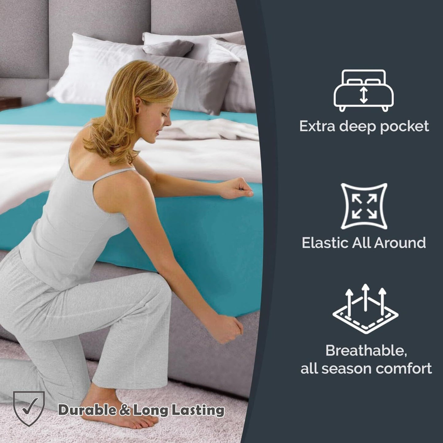 Hotel Quality Fitted Sheet - 1 Piece Fitted Sheet  -Breathable Bedding - Wrinkle, Fade, Stain Resistant- 16inch/40cm Deep Pocket Fitted Bed Sheet-Wrinkle and Fade Resistant,(Ice blue,King)