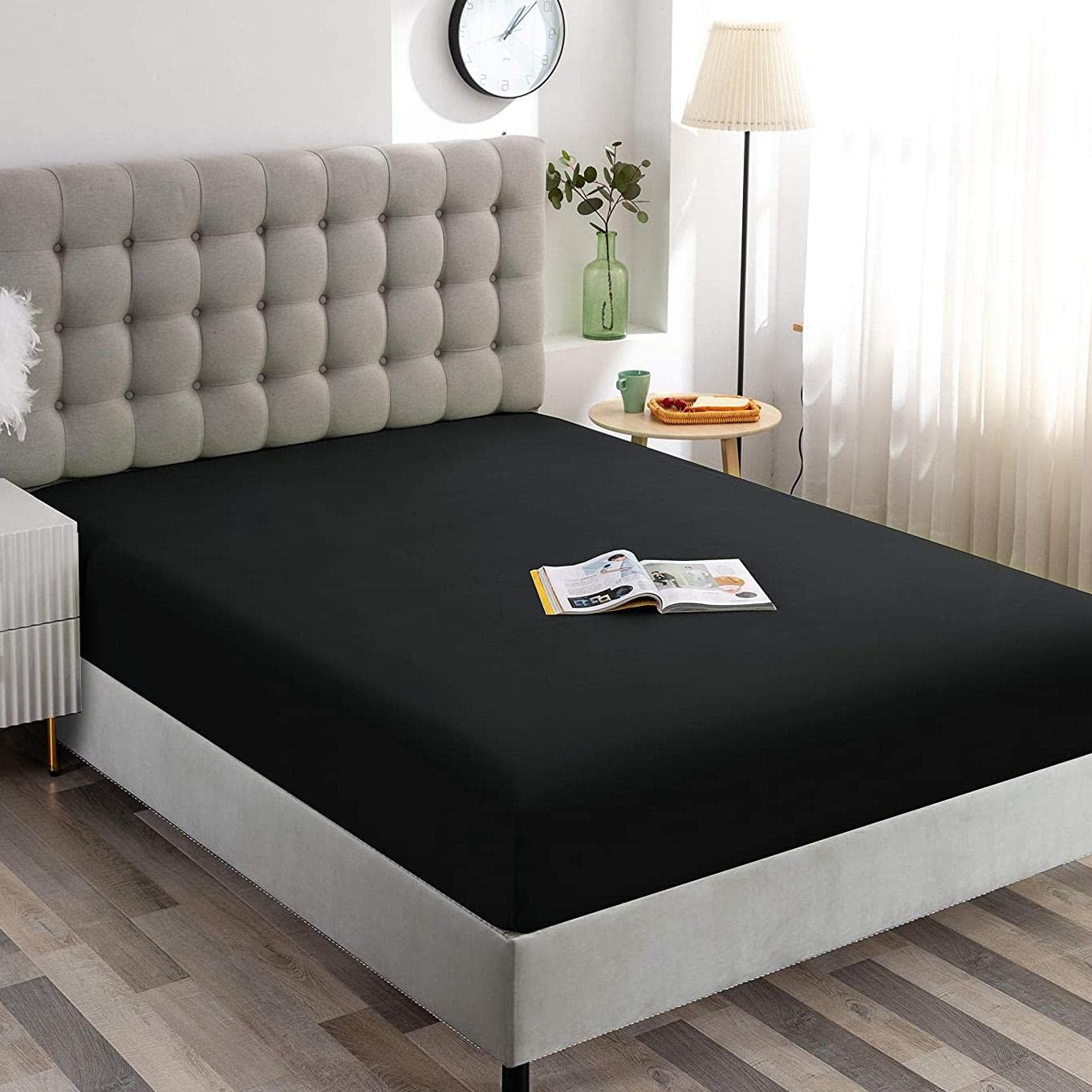 Hotel Quality Fitted Sheet - 1 Piece Fitted Sheet  -Breathable Bedding - Wrinkle, Fade, Stain Resistant- 16inch/40cm Deep Pocket Fitted Bed Sheet-Wrinkle and Fade Resistant,(Black,King)