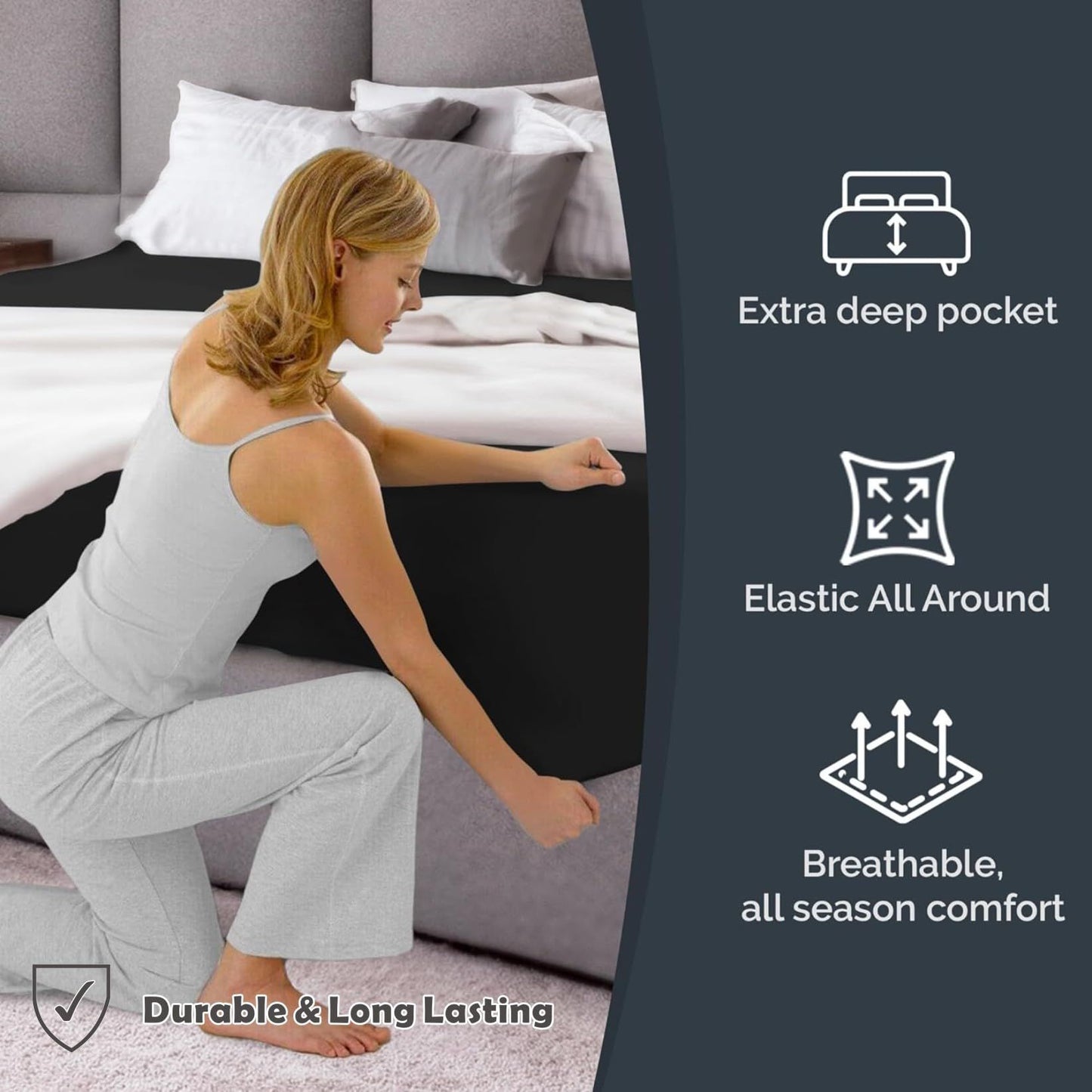 Hotel Quality Fitted Sheet - 1 Piece Fitted Sheet  -Breathable Bedding - Wrinkle, Fade, Stain Resistant- 16inch/40cm Deep Pocket Fitted Bed Sheet-Wrinkle and Fade Resistant,(Black,King)