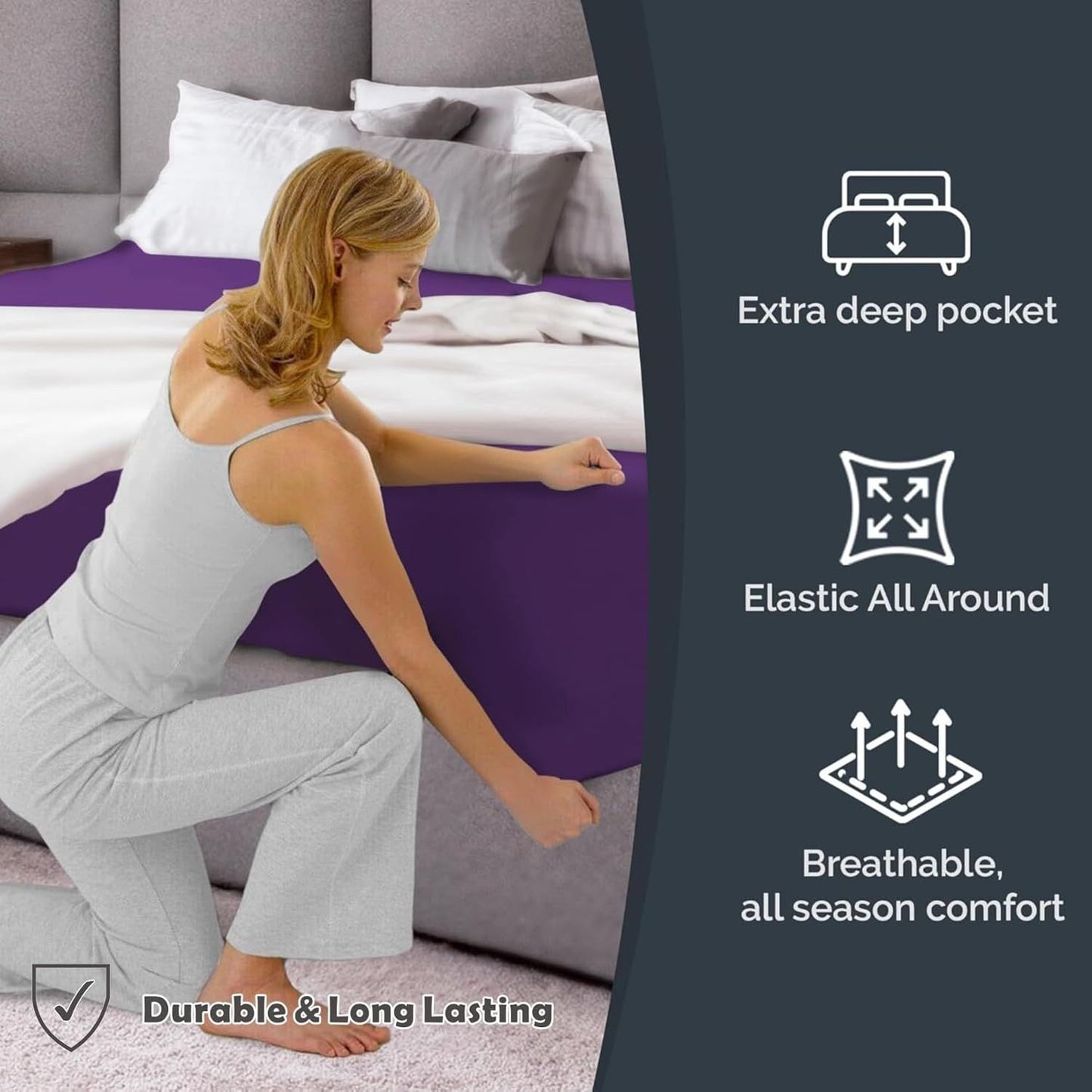 Hotel Quality Fitted Sheet - 1 Piece Fitted Sheet  -Breathable Bedding - Wrinkle, Fade, Stain Resistant- 16inch/40cm Deep Pocket Fitted Bed Sheet-Wrinkle and Fade Resistant,(Purple,King)