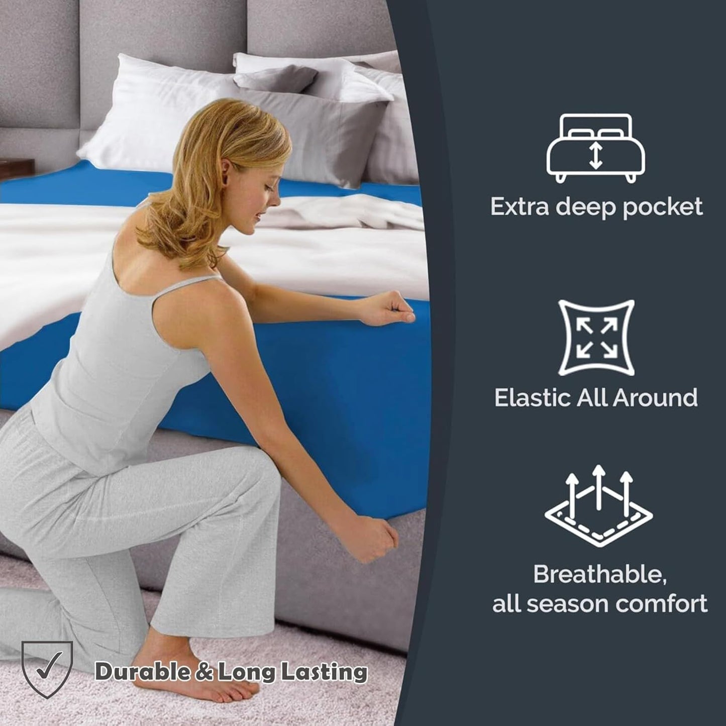 Hotel Quality Fitted Sheet - 1 Piece Fitted Sheet  -Breathable Bedding - Wrinkle, Fade, Stain Resistant- 16inch/40cm Deep Pocket Fitted Bed Sheet-Wrinkle and Fade Resistant,(Ocean,King Single)