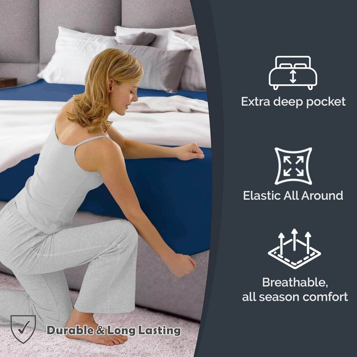 Hotel Quality Fitted Sheet - 1 Piece Fitted Sheet  -Breathable Bedding - Wrinkle, Fade, Stain Resistant- 16inch/40cm Deep Pocket Fitted Bed Sheet-Wrinkle and Fade Resistant,(Navy,King Single)