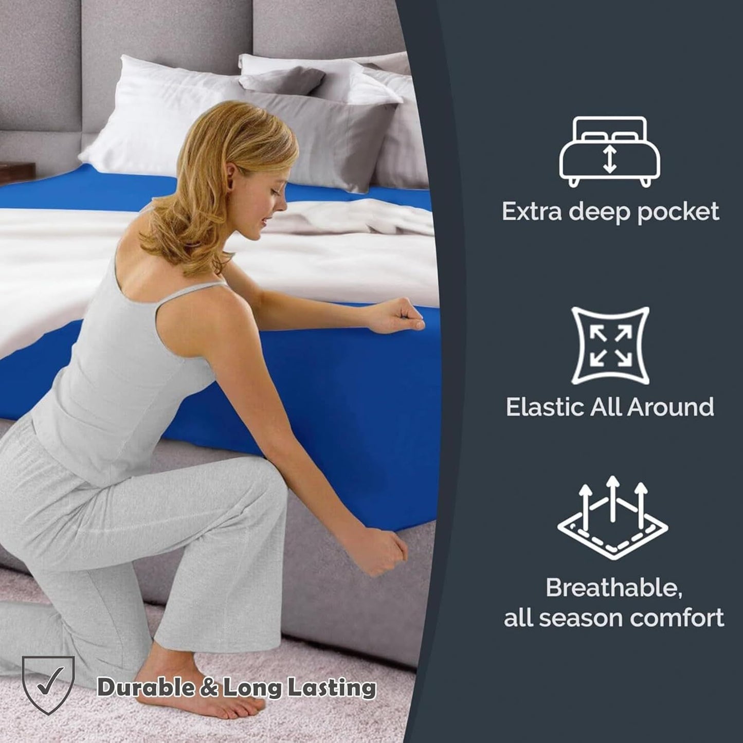 Hotel Quality Fitted Sheet - 1 Piece Fitted Sheet  -Breathable Bedding - Wrinkle, Fade, Stain Resistant- 16inch/40cm Deep Pocket Fitted Bed Sheet-Wrinkle and Fade Resistant,(Royal blue,Queen)