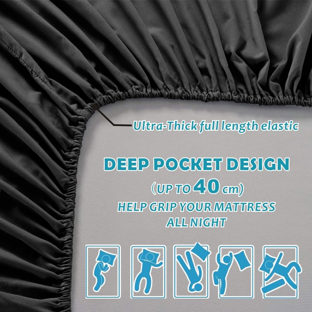 Hotel Quality Fitted Sheet - 1 Piece Fitted Sheet  -Breathable Bedding - Wrinkle, Fade, Stain Resistant- 16inch/40cm Deep Pocket Fitted Bed Sheet-Wrinkle and Fade Resistant,(Black,Single)