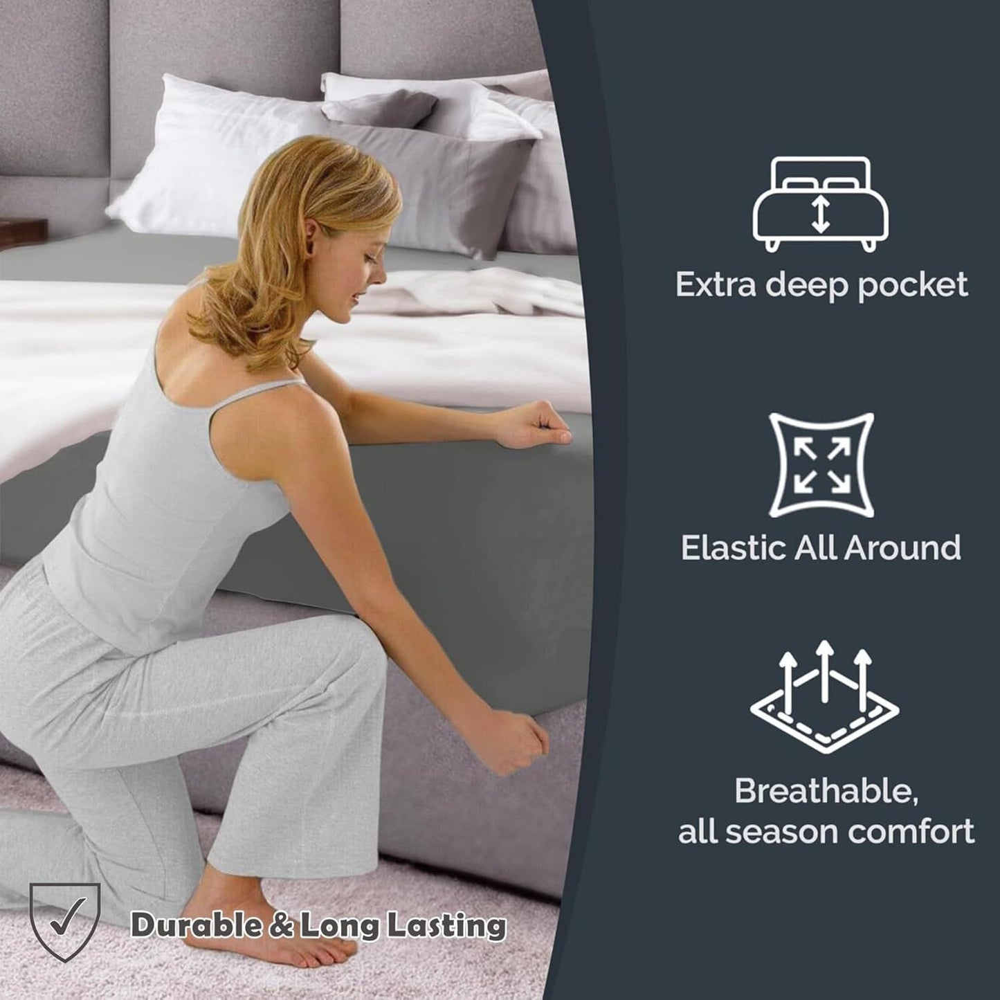 Hotel Quality Fitted Sheet - 1 Piece Fitted Sheet  -Breathable Bedding - Wrinkle, Fade, Stain Resistant- 16inch/40cm Deep Pocket Fitted Bed Sheet-Wrinkle and Fade Resistant,(Grey,Single)
