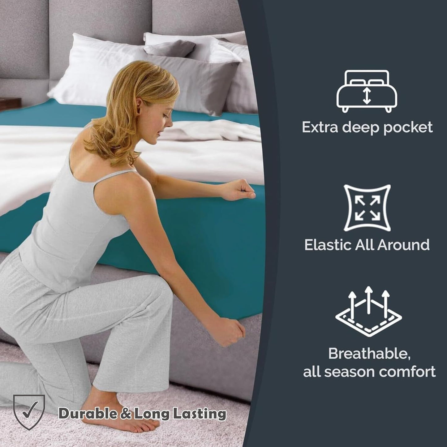 Hotel Quality Fitted Sheet - 1 Piece Fitted Sheet  -Breathable Bedding - Wrinkle, Fade, Stain Resistant- 16inch/40cm Deep Pocket Fitted Bed Sheet-Wrinkle and Fade Resistant,(Biscay blue,Single)