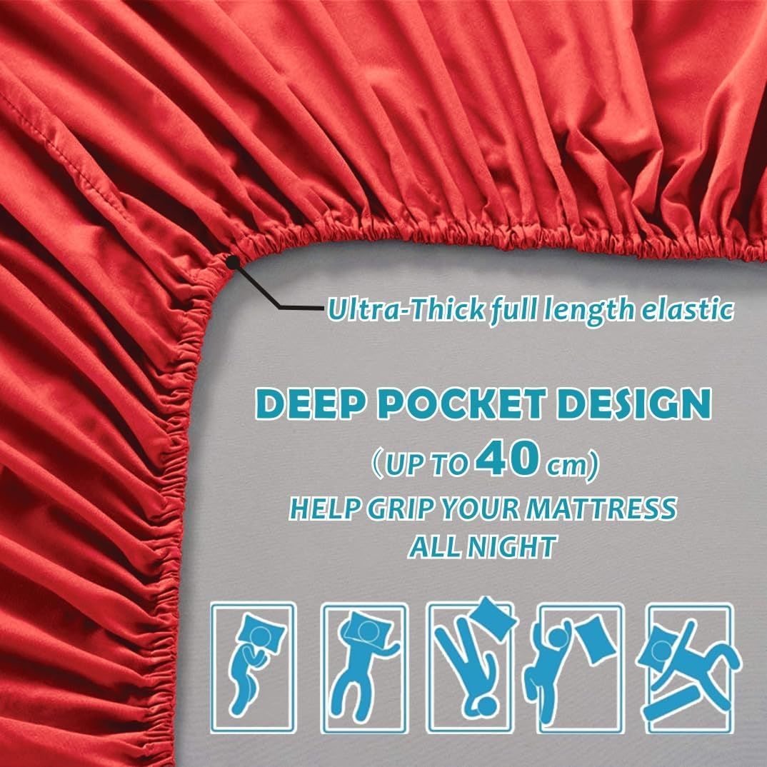 Hotel Quality Fitted Sheet - 1 Piece Fitted Sheet  -Breathable Bedding - Wrinkle, Fade, Stain Resistant- 16inch/40cm Deep Pocket Fitted Bed Sheet-Wrinkle and Fade Resistant,(Red,Super King)