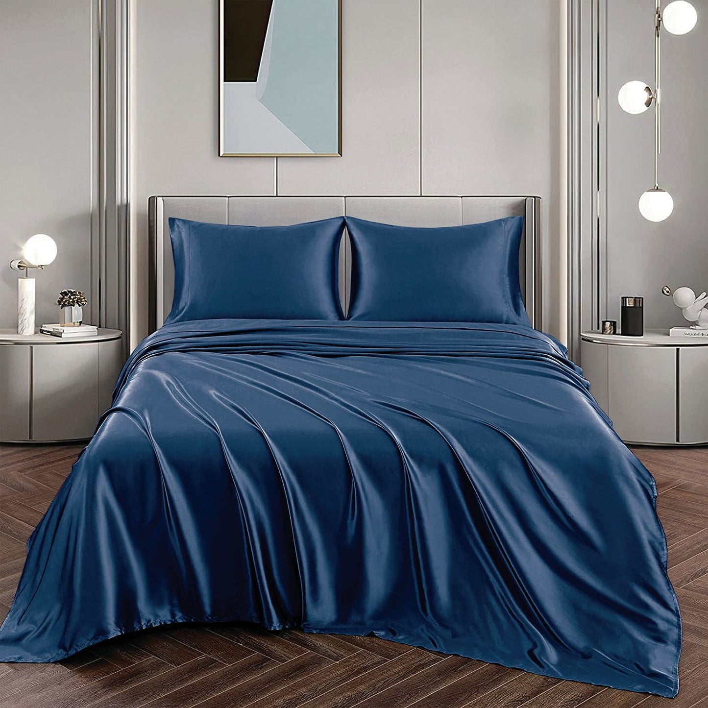 Art Silk Satin Sheet Set Hotel 4 Pieces Fitted/Flat Sheet Bedding Set-Luxury Soft Silky Sheets for Hair and Skin, Similar to Silk Bed Sheets Set 4 Pieces(Double,Navy)