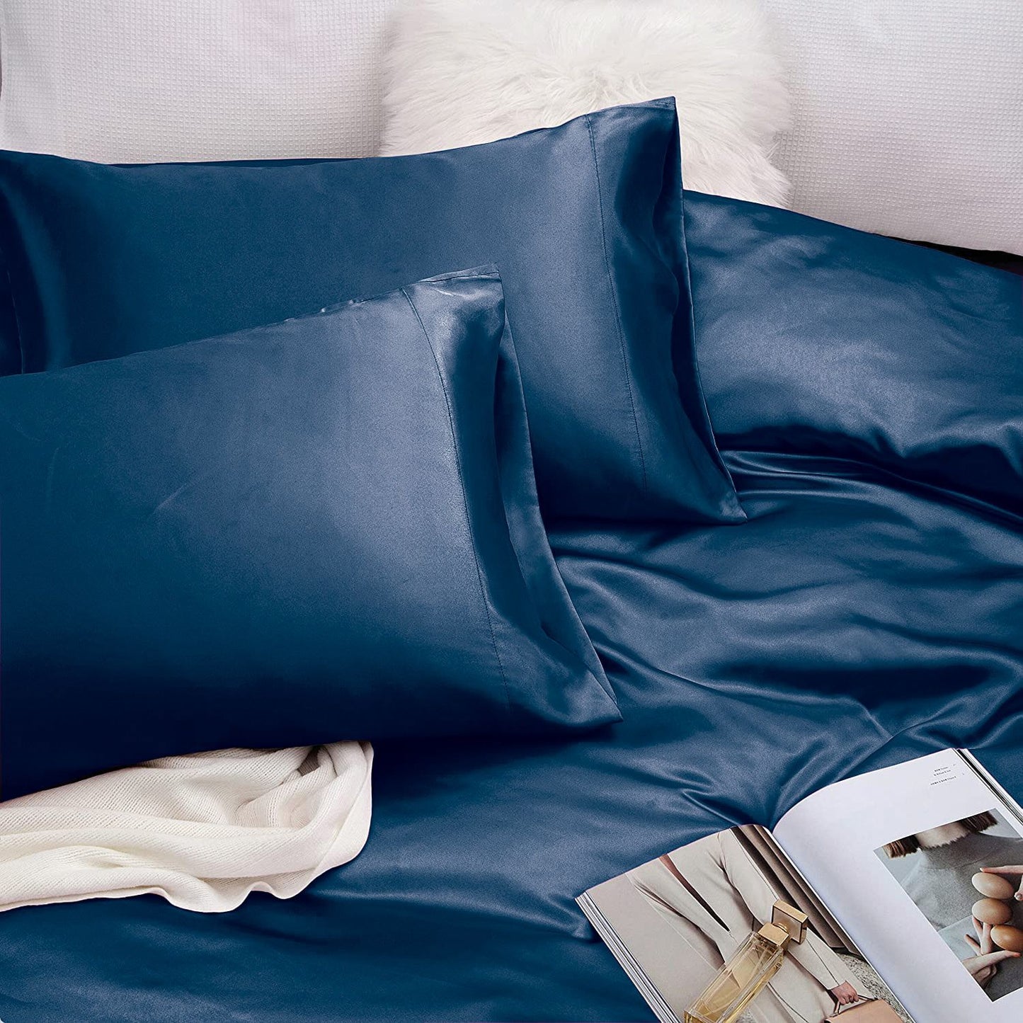 Art Silk Satin Sheet Set Hotel 4 Pieces Fitted/Flat Sheet Bedding Set-Luxury Soft Silky Sheets for Hair and Skin, Similar to Silk Bed Sheets Set 4 Pieces(Double,Navy)