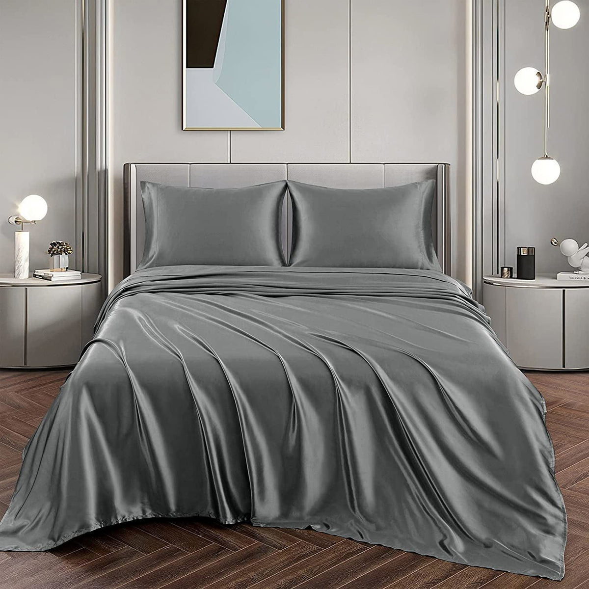 Art Silk Satin Sheet Set Hotel 4 Pieces Fitted/Flat Sheet Bedding Set-Luxury Soft Silky Sheets for Hair and Skin, Similar to Silk Bed Sheets Set 4 Pieces(Super King,Grey)
