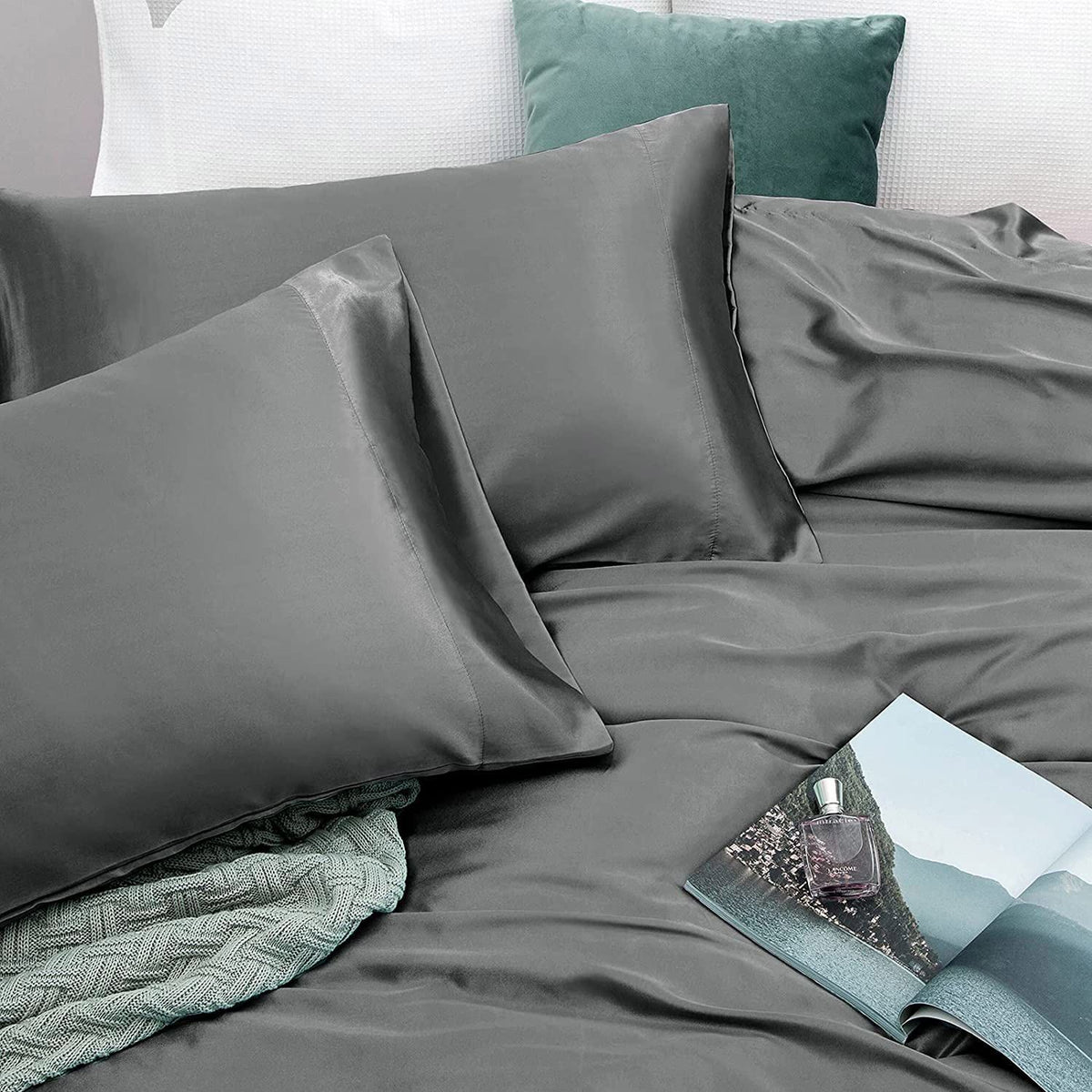 Art Silk Satin Sheet Set Hotel 4 Pieces Fitted/Flat Sheet Bedding Set-Luxury Soft Silky Sheets for Hair and Skin, Similar to Silk Bed Sheets Set 4 Pieces(Super King,Grey)