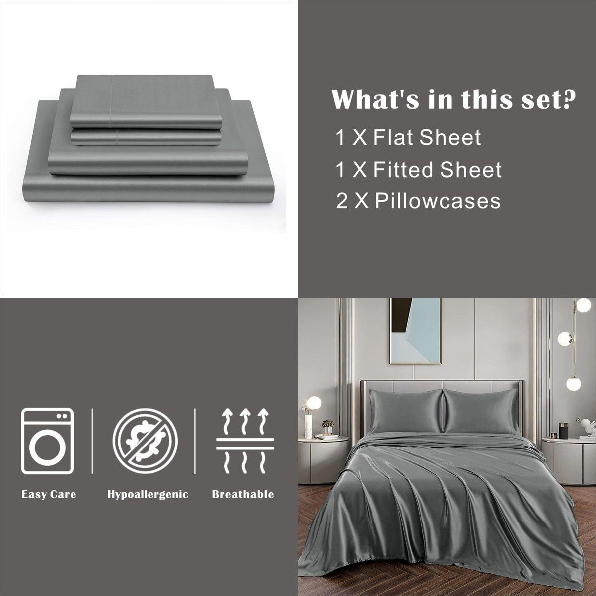 Art Silk Satin Sheet Set Hotel 4 Pieces Fitted/Flat Sheet Bedding Set-Luxury Soft Silky Sheets for Hair and Skin, Similar to Silk Bed Sheets Set 4 Pieces(Super King,Grey)