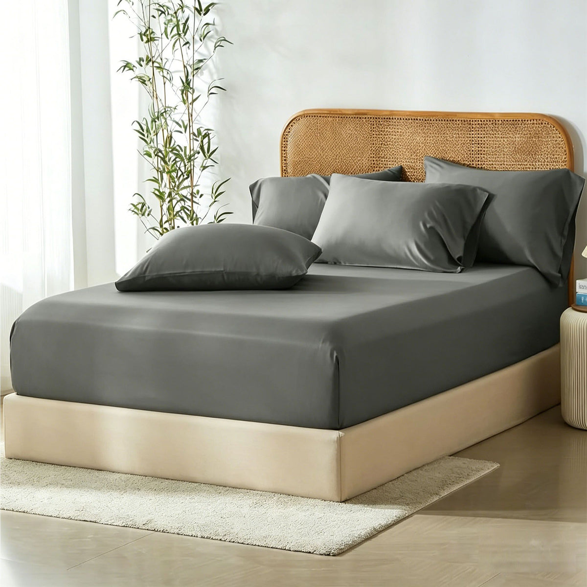 3 Piece Hotel Bamboo Cooling Fitted Sheet Set & Pillowcase -Ultra Soft 2000TC Breathable Fitted Bed Sheets Set with 37 Centimetre Deep Pocket-Cooling Sheets for Hot Sleepers(Grey,Double)