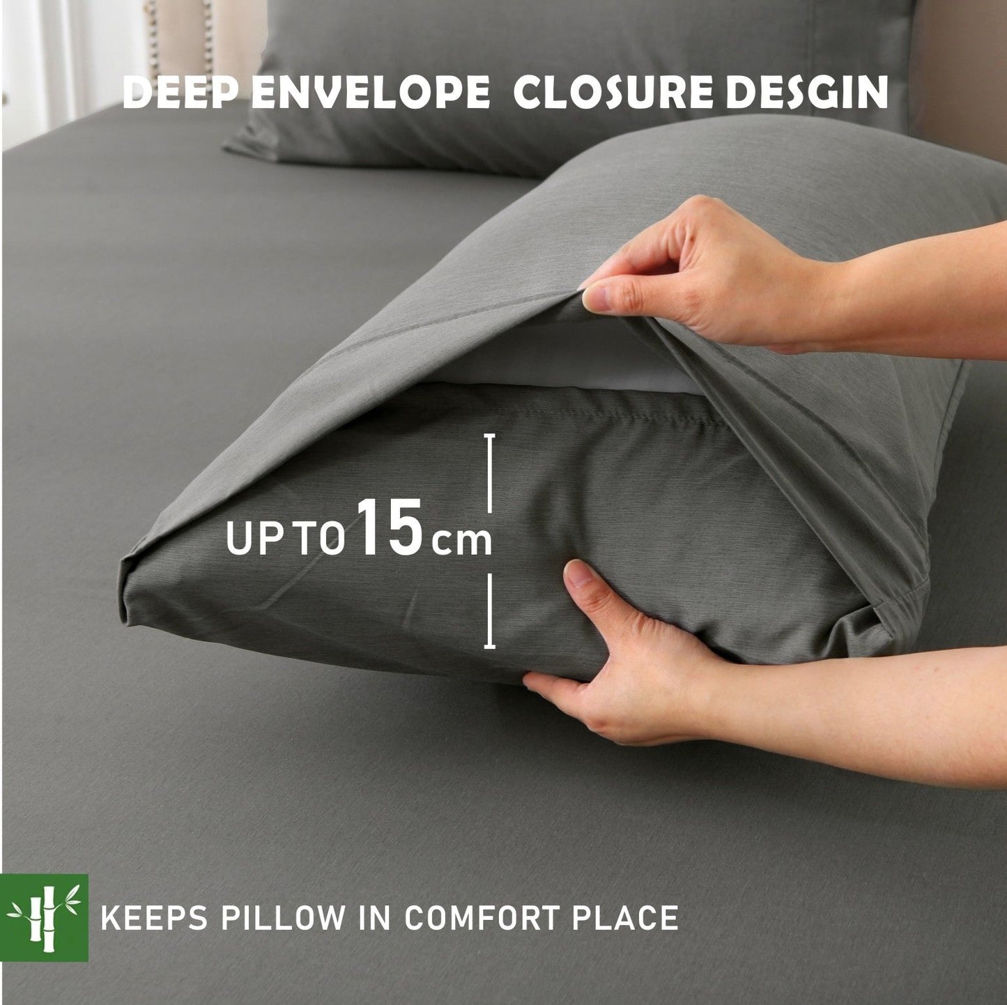 3 Piece Hotel Bamboo Cooling Fitted Sheet Set & Pillowcase -Ultra Soft 2000TC Breathable Fitted Bed Sheets Set with 37 Centimetre Deep Pocket-Cooling Sheets for Hot Sleepers(Grey,Double)