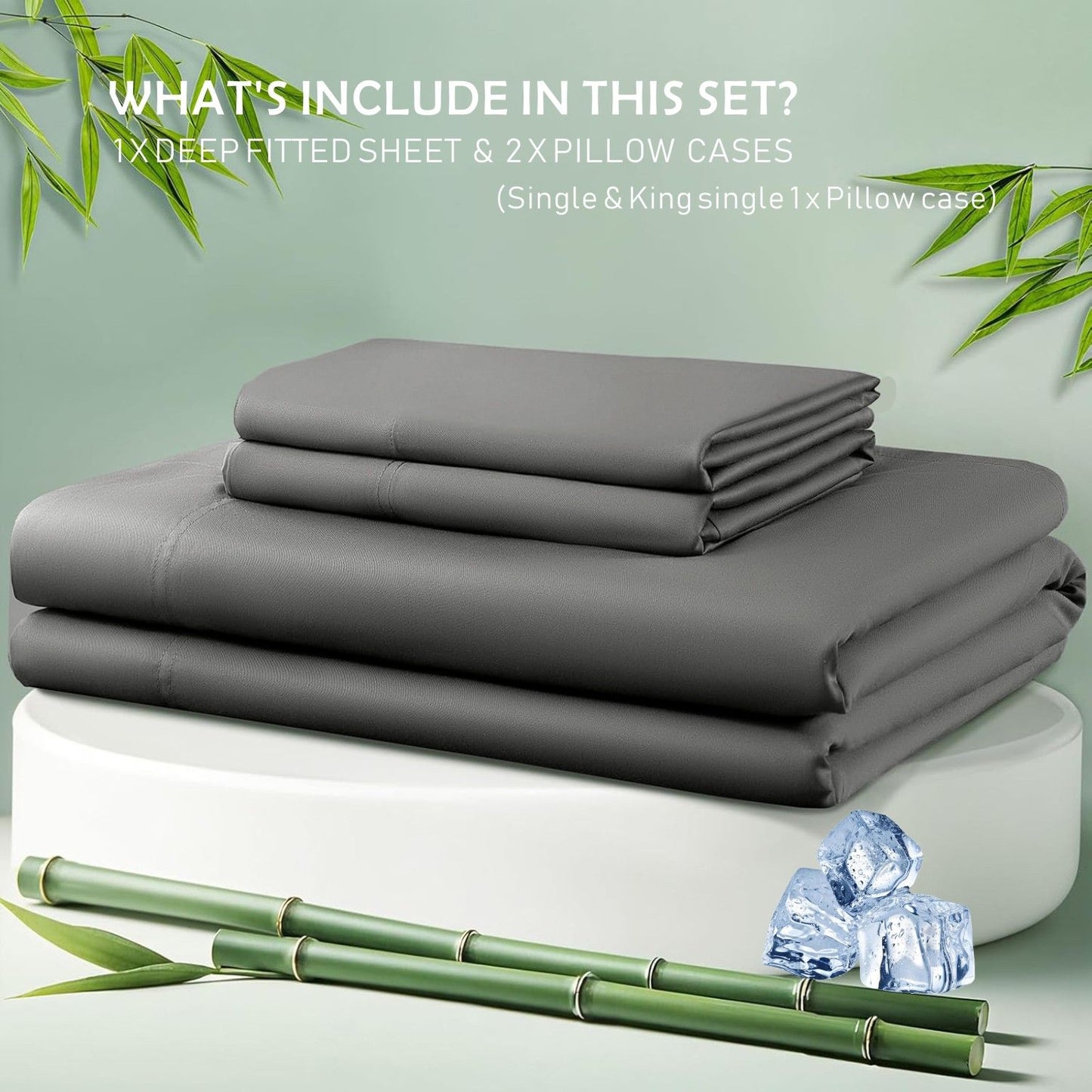 3 Piece Hotel Bamboo Cooling Fitted Sheet Set & Pillowcase -Ultra Soft 2000TC Breathable Fitted Bed Sheets Set with 37 Centimetre Deep Pocket-Cooling Sheets for Hot Sleepers(Grey,Double)