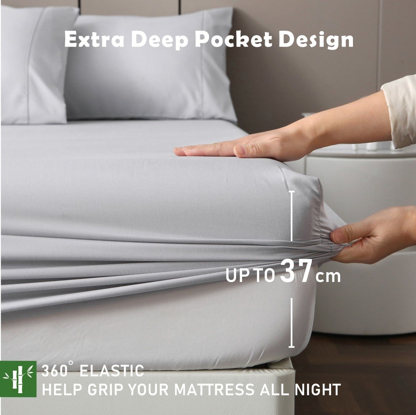 3 Piece Hotel Bamboo Cooling Fitted Sheet Set & Pillowcase -Ultra Soft 2000TC Breathable Fitted Bed Sheets Set with 37 Centimetre Deep Pocket-Cooling Sheets for Hot Sleepers(Silver-gray,Double)