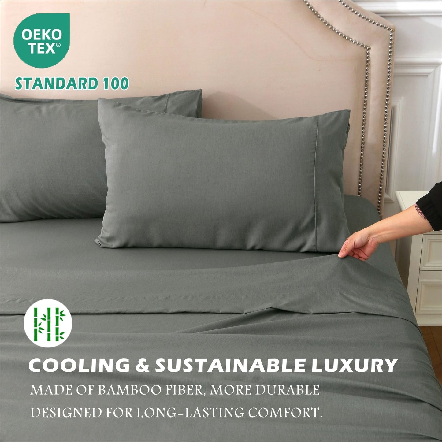 4 Piece Hotel Bamboo Cooling Sheet Set -Ultra Soft 2000TC Breathable Bed Sheets Set with 37 Centimetre Deep Pocket-Cooling Sheets for Hot Sleepers(Grey,Double)