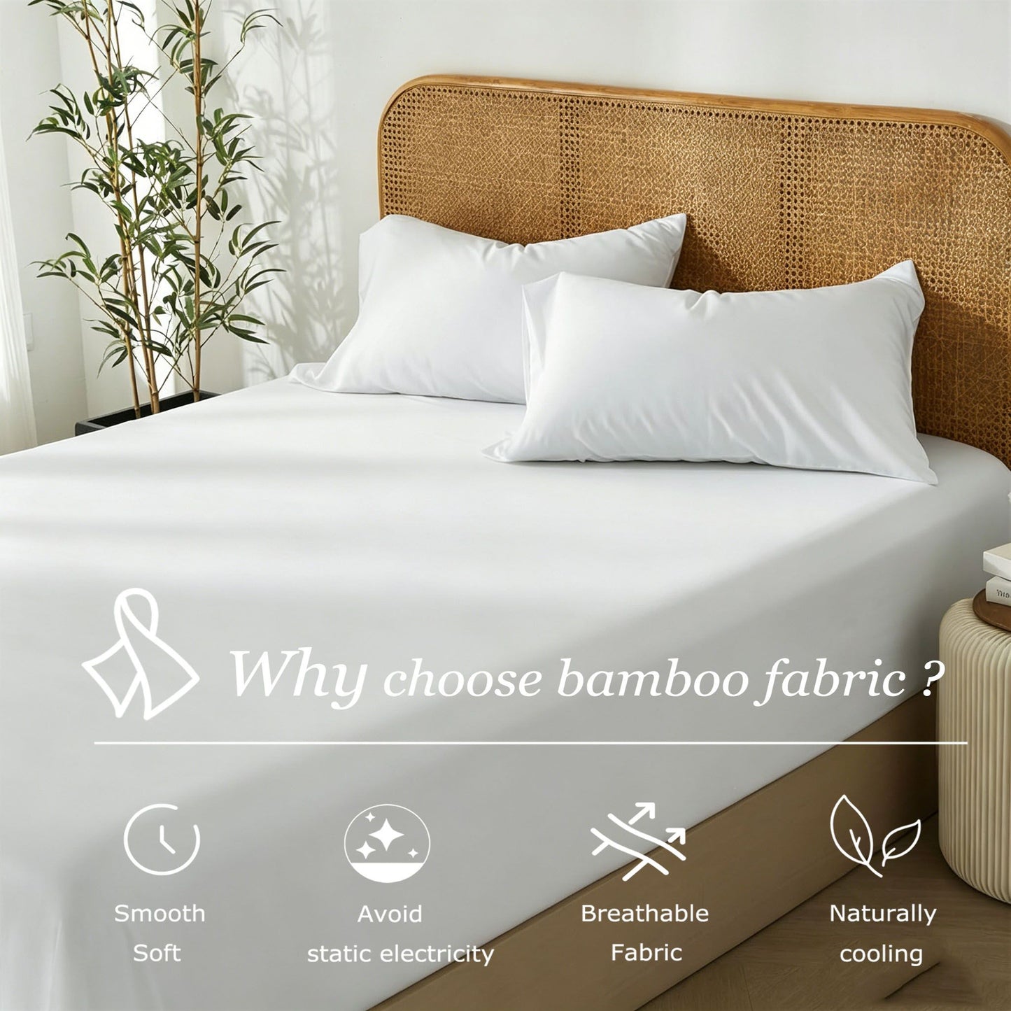 3 Piece Hotel Bamboo Cooling Fitted Sheet Set & Pillowcase -Ultra Soft 2000TC Breathable Fitted Bed Sheets Set with 37 Centimetre Deep Pocket-Cooling Sheets for Hot Sleepers(White,King)