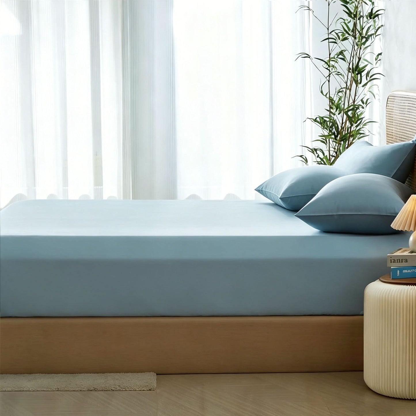 3 Piece Hotel Bamboo Cooling Fitted Sheet Set & Pillowcase -Ultra Soft 2000TC Breathable Fitted Bed Sheets Set with 37 Centimetre Deep Pocket-Cooling Sheets for Hot Sleepers(Sky Blue,King)