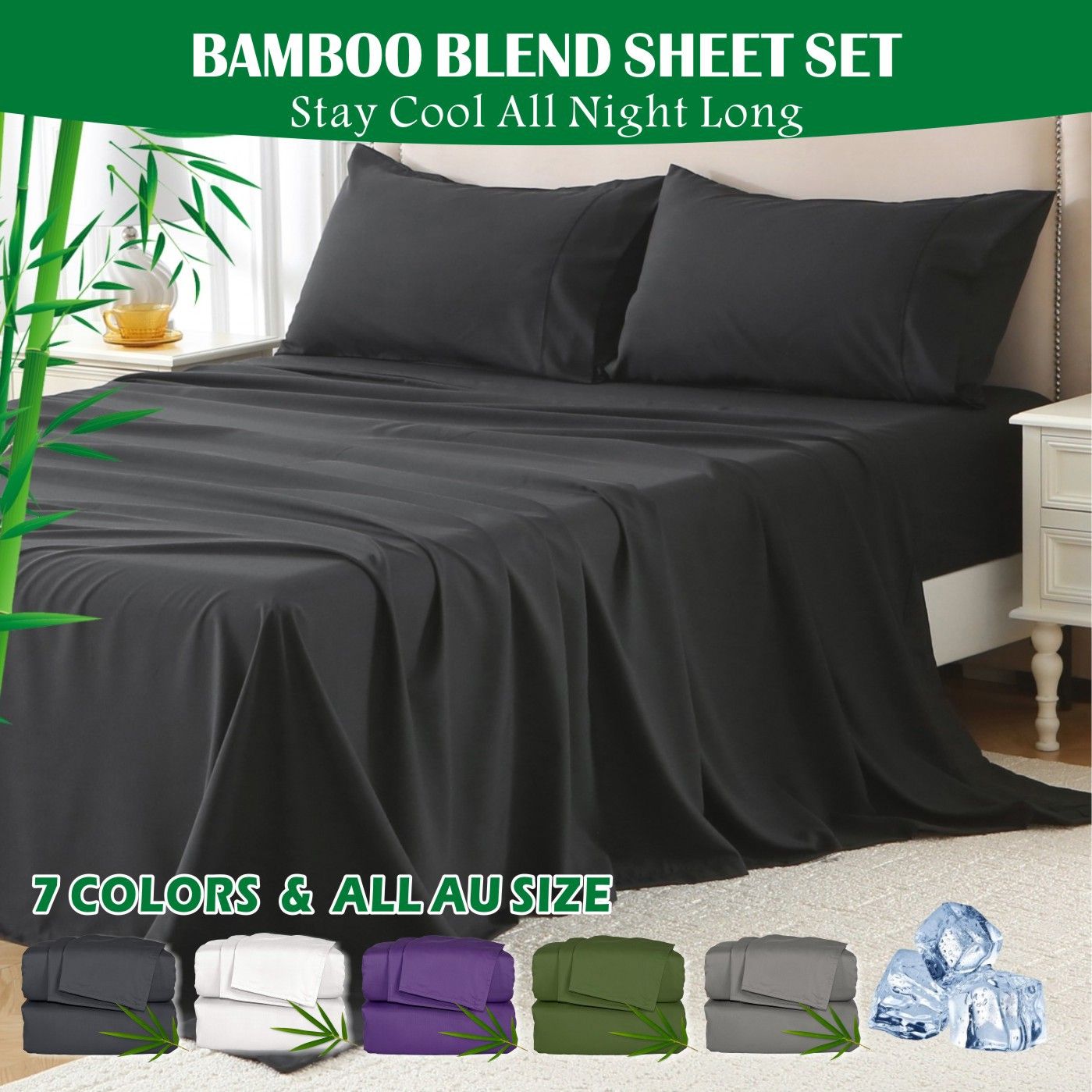 4 Piece Hotel Bamboo Cooling Sheet Set -Ultra Soft 2000TC Breathable Bed Sheets Set with 37 Centimetre Deep Pocket-Cooling Sheets for Hot Sleepers(Black,King)