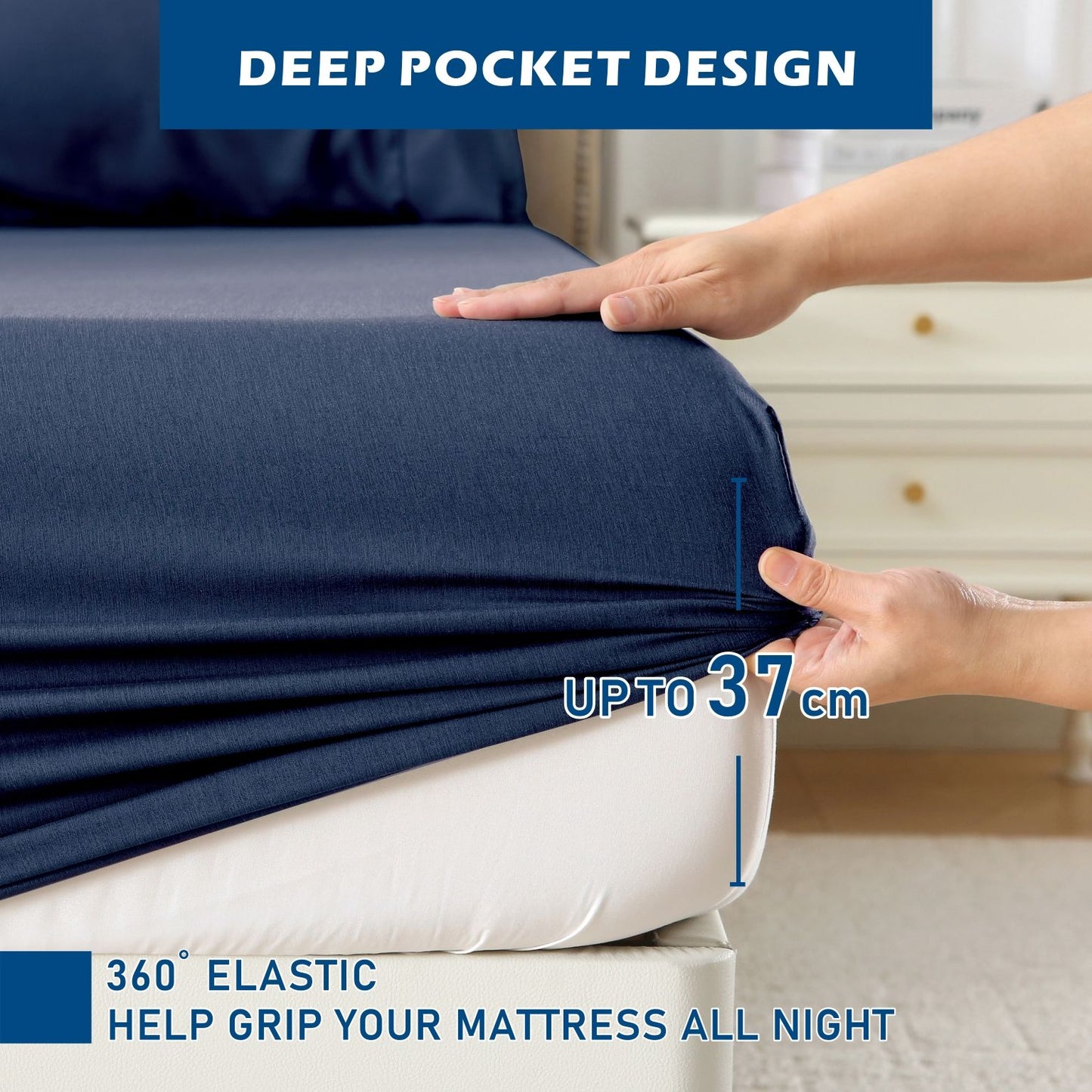 4 Piece Hotel Bamboo Cooling Sheet Set -Ultra Soft 2000TC Breathable Bed Sheets Set with 37 Centimetre Deep Pocket-Cooling Sheets for Hot Sleepers(Navy,King)