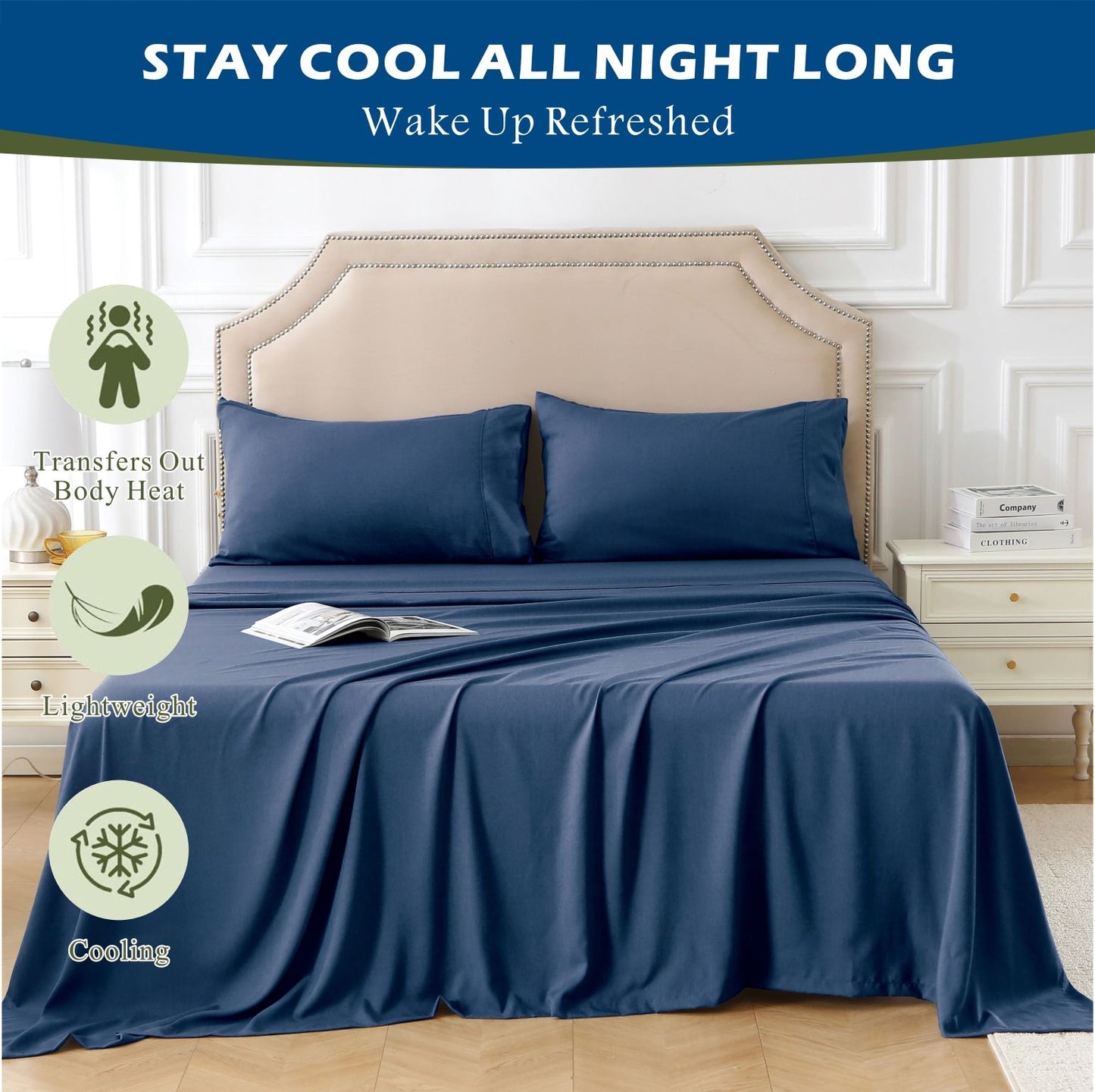 4 Piece Hotel Bamboo Cooling Sheet Set -Ultra Soft 2000TC Breathable Bed Sheets Set with 37 Centimetre Deep Pocket-Cooling Sheets for Hot Sleepers(Navy,King)