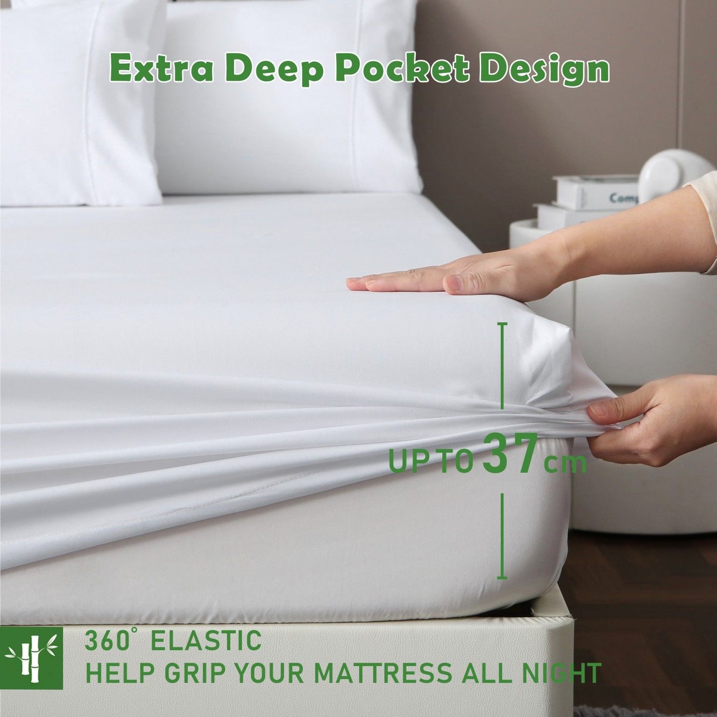 3 Piece Hotel Bamboo Cooling Fitted Sheet Set & Pillowcase -Ultra Soft 2000TC Breathable Fitted Bed Sheets Set with 37 Centimetre Deep Pocket-Cooling Sheets for Hot Sleepers(White,Queen)